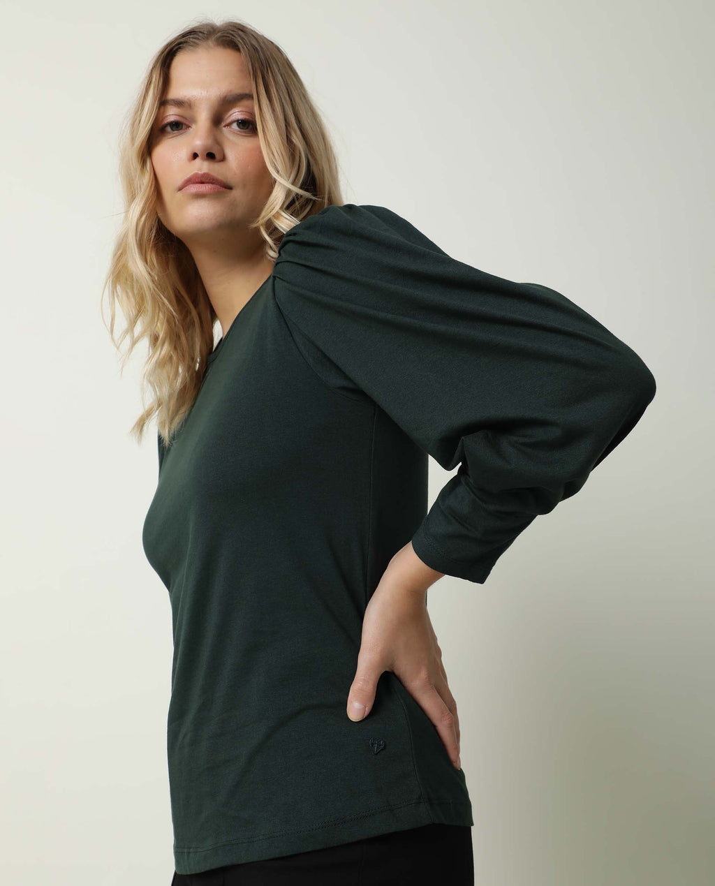 Rareism Women's Ballerina Green Cotton Boat Neck Plain Midi Length Regular Fit Top