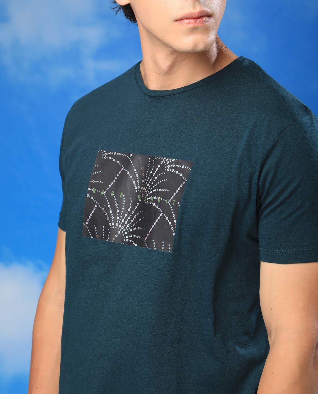 Rare Rabbit Men's Glam Green Cotton Graphic Print Slim Fit Half Sleeve Crew Neck T-Shirt
