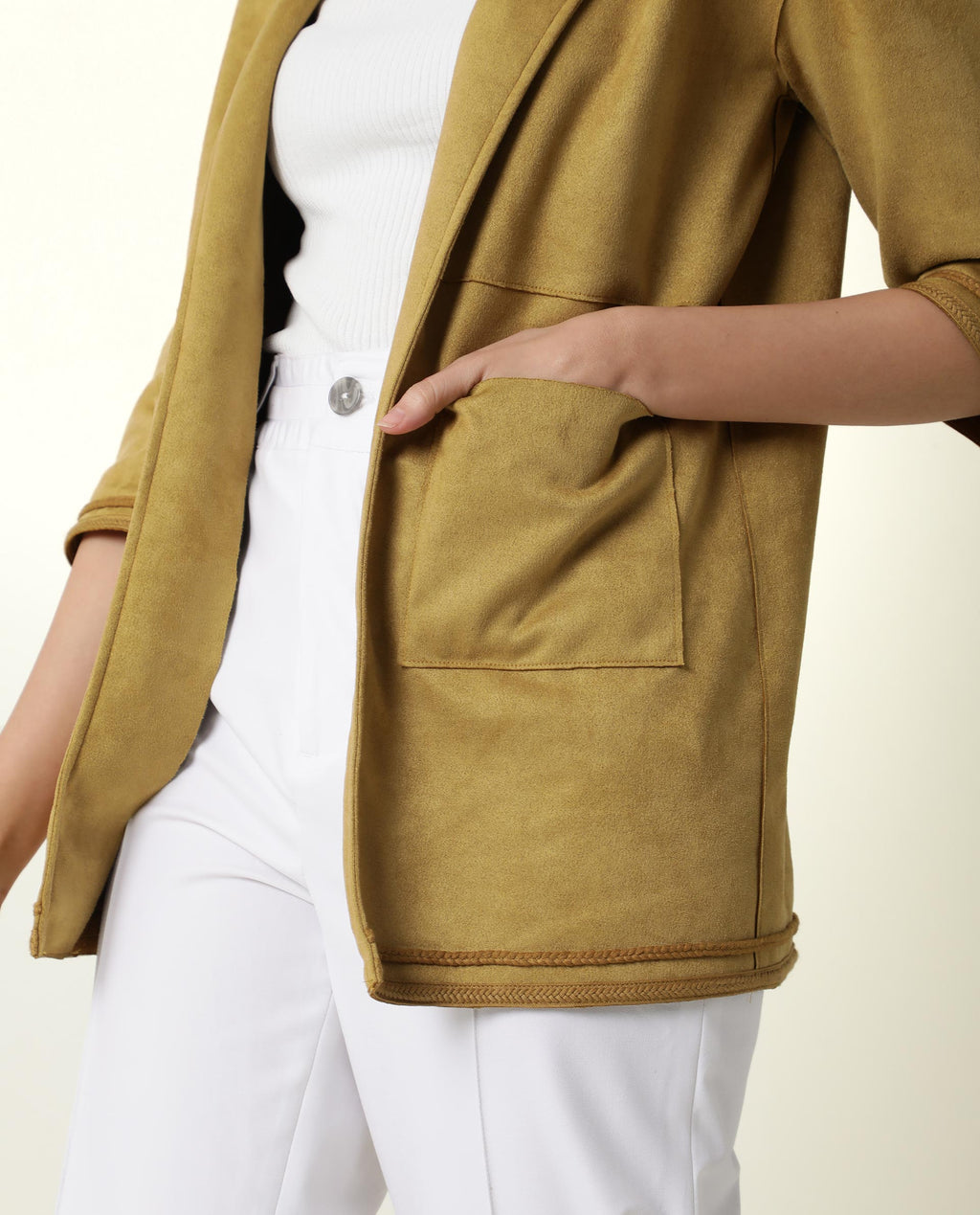 Rareism Women's Square Yellow Polyester Boat Neck Plain Regular Fit Jacket