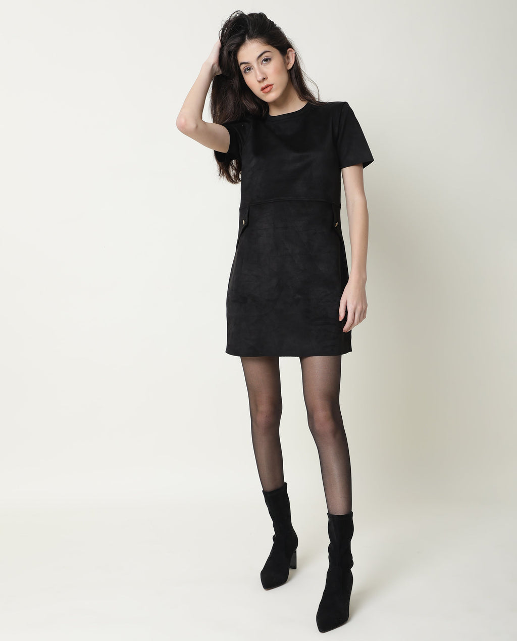 Rareism Women's Sions Black Crew Neck Plain Knee Length Tailored Dress