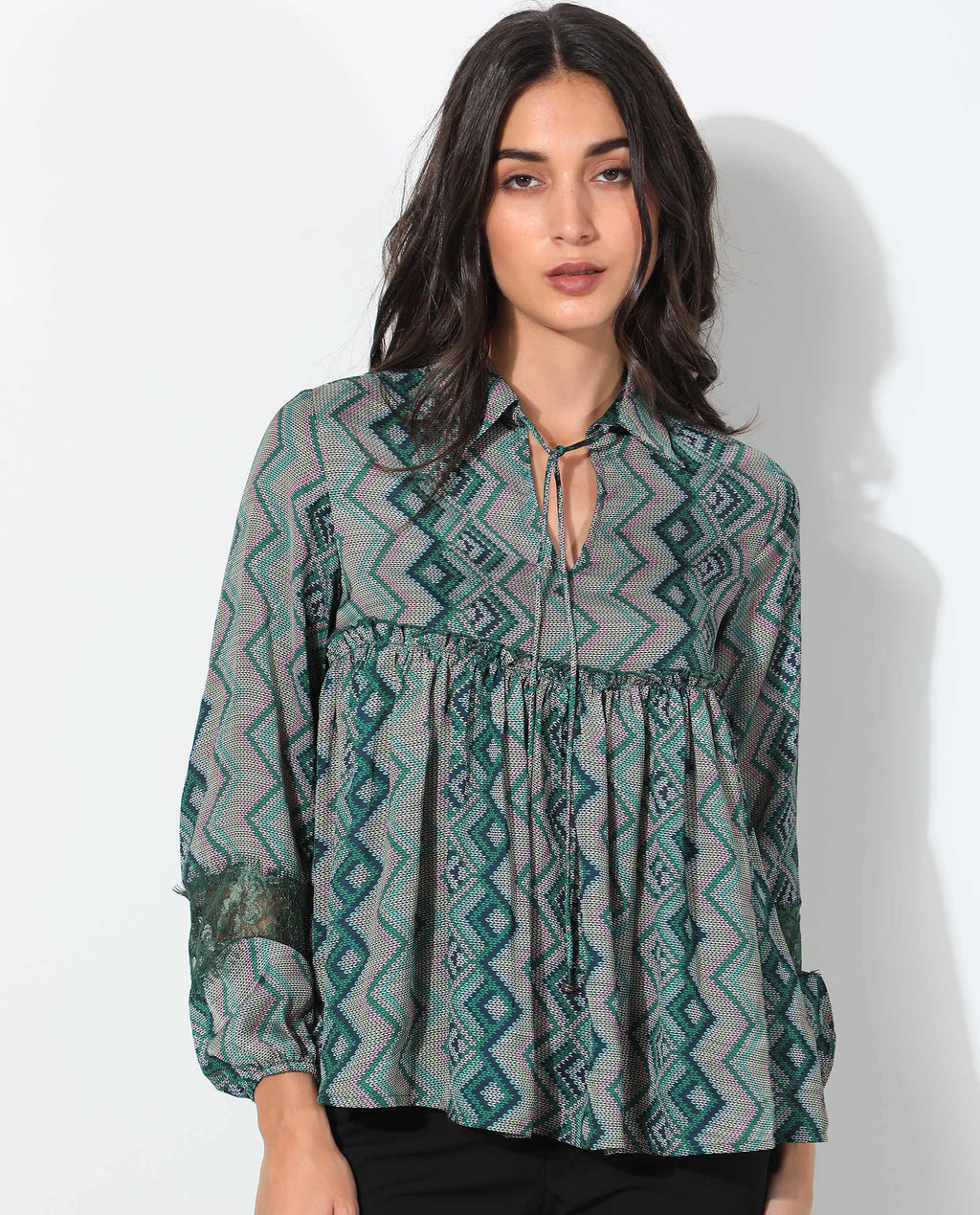 Rareism Women's Cataline Olive Polyester Tie-Up Neck Geometric Print Regular Fit Top