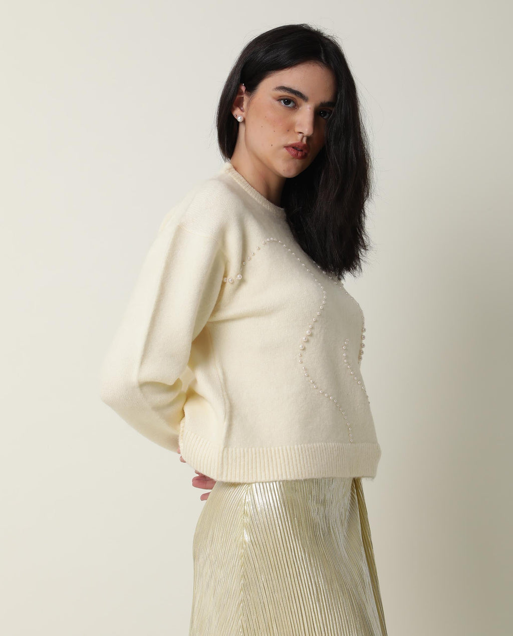 Rareism Women's Tulsy Offwhite Acrylic Crew Neck Embellished Knee Length Regular Fit Sweater