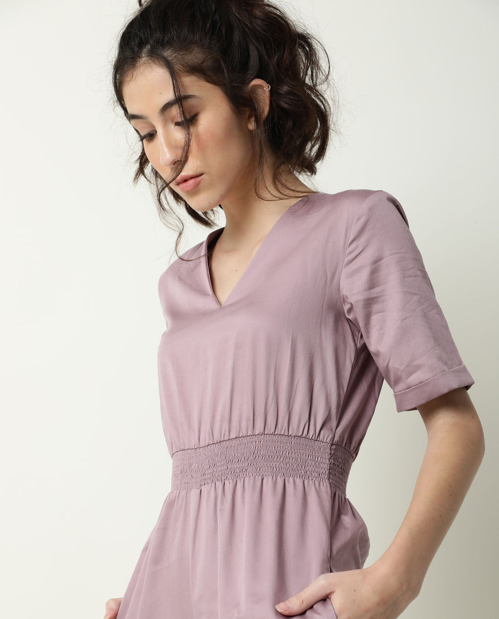 Rareism Women's Husky Pink Cotton Blend V-Neck Plain Ankle Length Regular Fit Jumpsuit