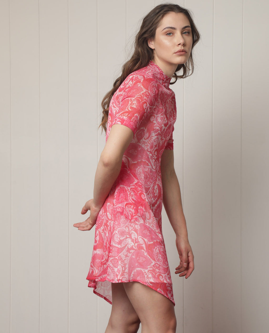 Rareism Women's Beryl Pink Polyester High Neck Paisley Print Knee Length Regular Fit Dress
