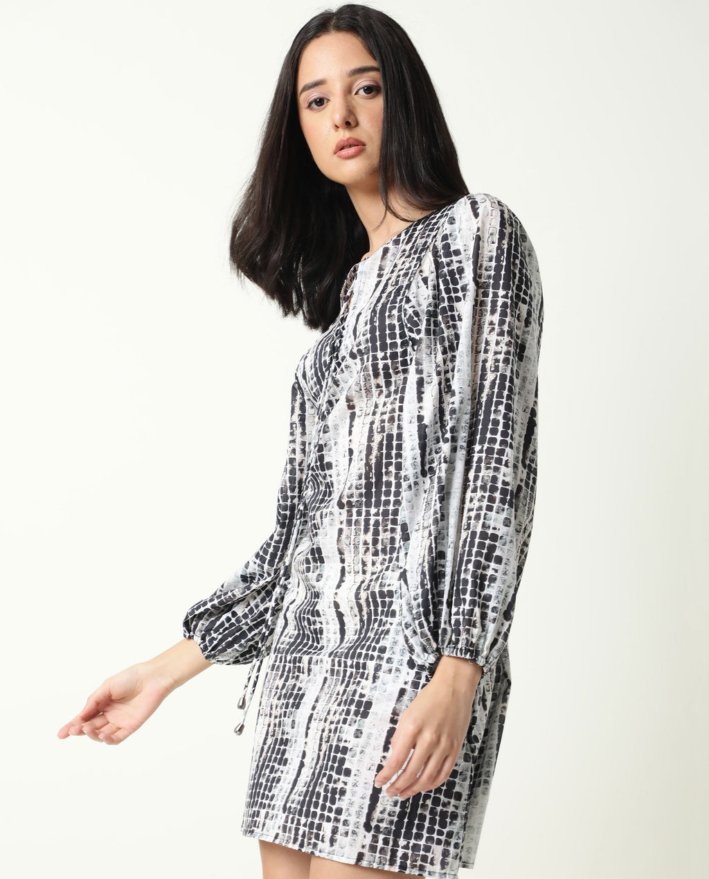 Rareism Women's Ragi Black Cotton Tie-Up Neck Abstract Print Volume Sleeve Mini Regular Fit Dress