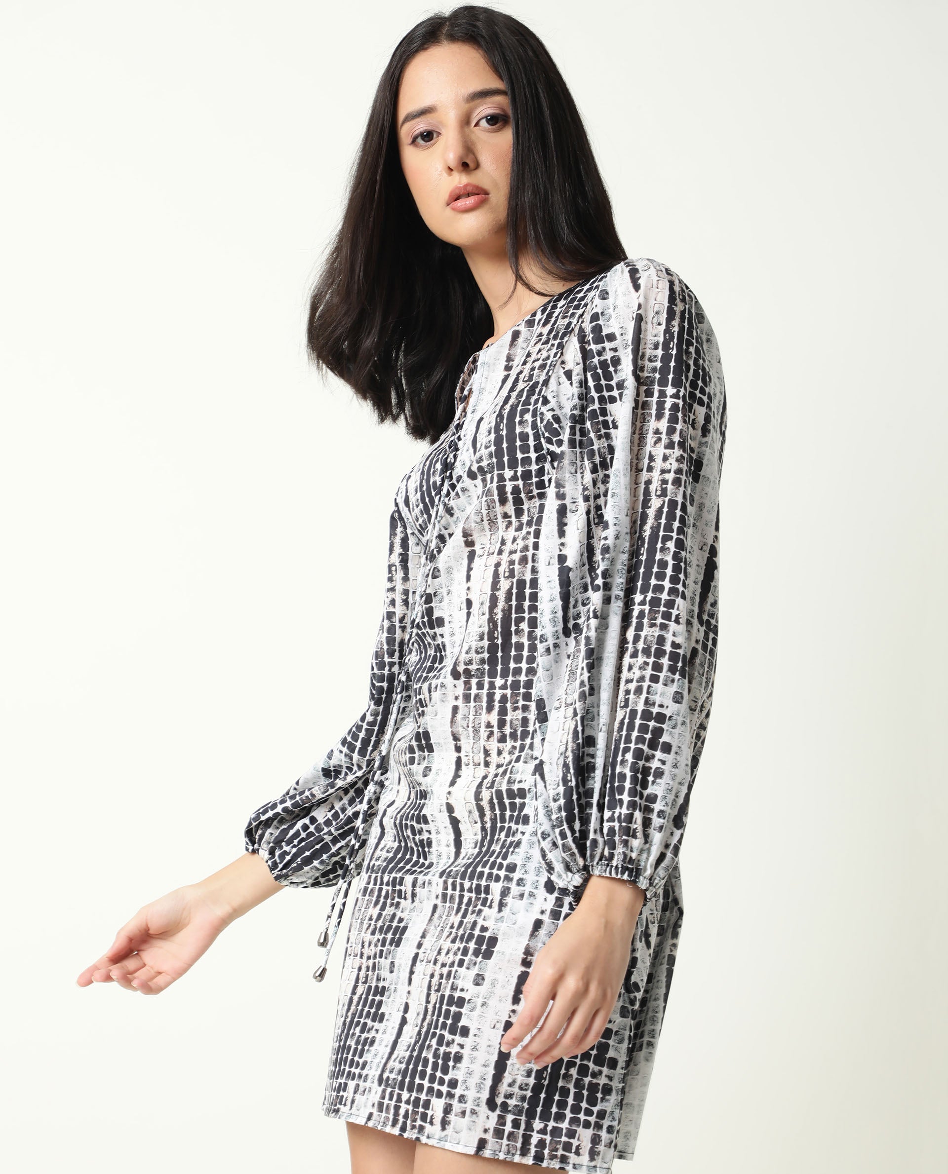 Rareism Women's Ragi Black Cotton Tie-Up Neck Abstract Print Volume Sleeve Mini Regular Fit Dress