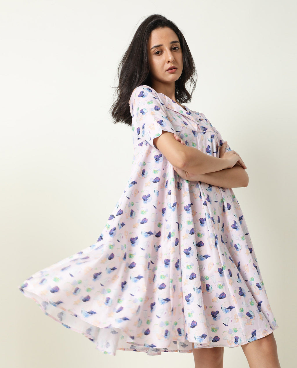 Rareism Women's Allia Pink Lapel Neck Floral Print Knee Length Regular Fit Dress