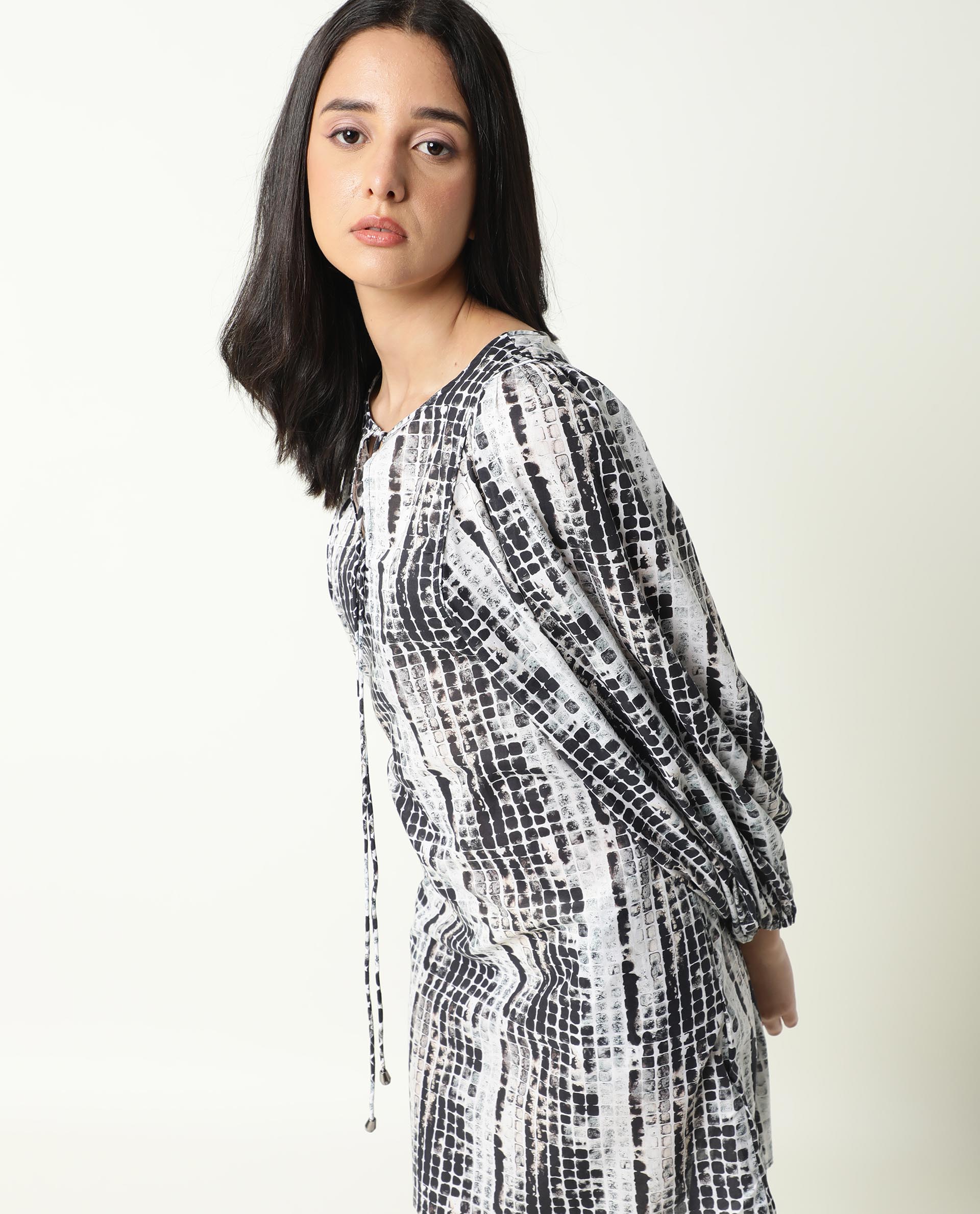 Rareism Women's Ragi Black Cotton Tie-Up Neck Abstract Print Volume Sleeve Mini Regular Fit Dress