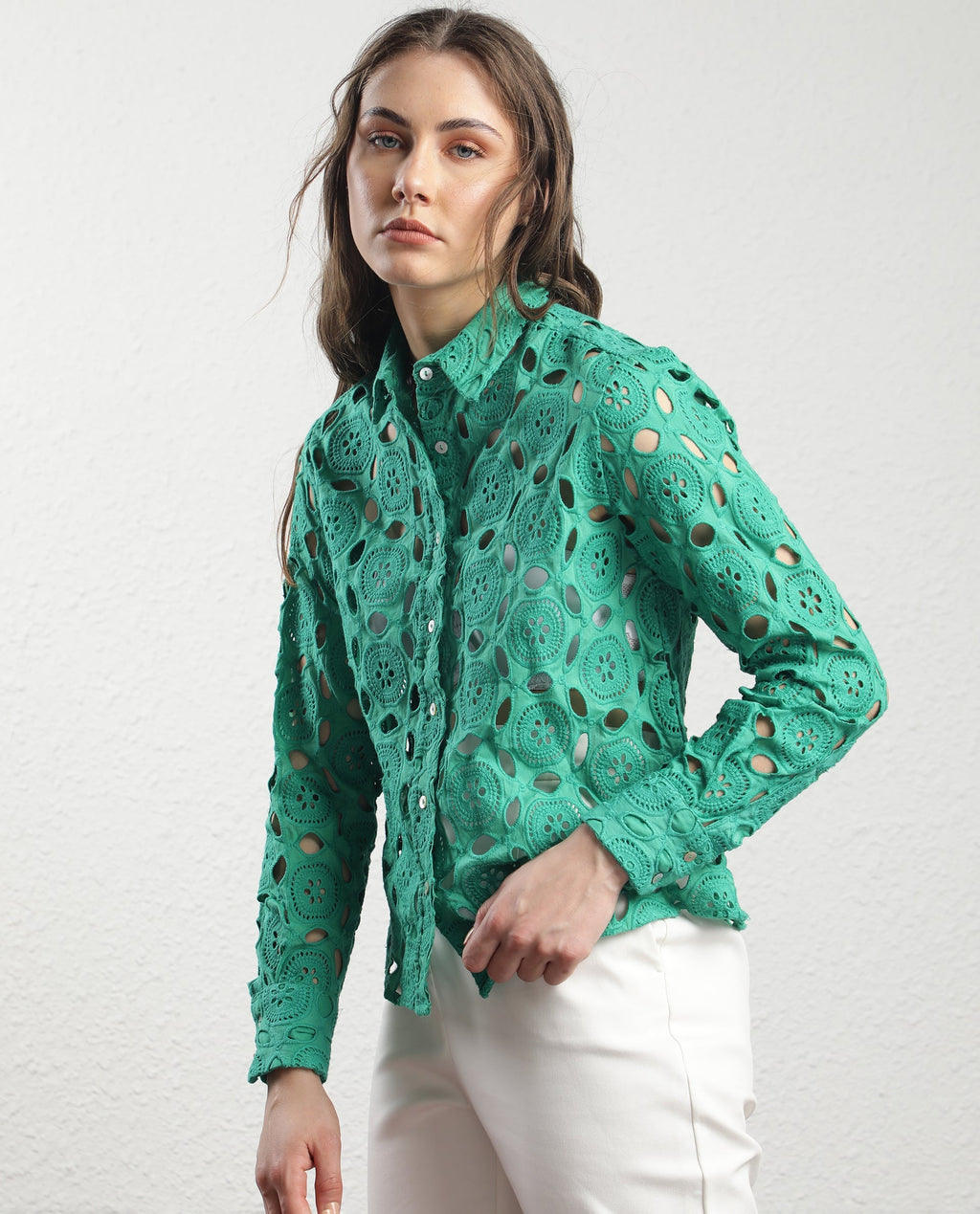 Rareism Women's Olivia Green Spread Collar Schiffli Knee Length Regular Fit Top