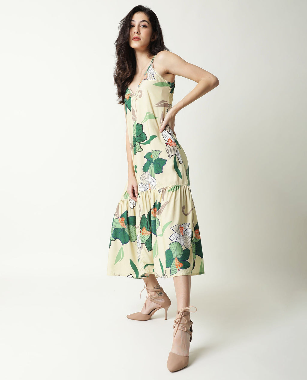 Rareism Women's Etana Offwhite Viscose V-Neck Floral Print Shoulder Strap Knee Length Regular Fit Dress