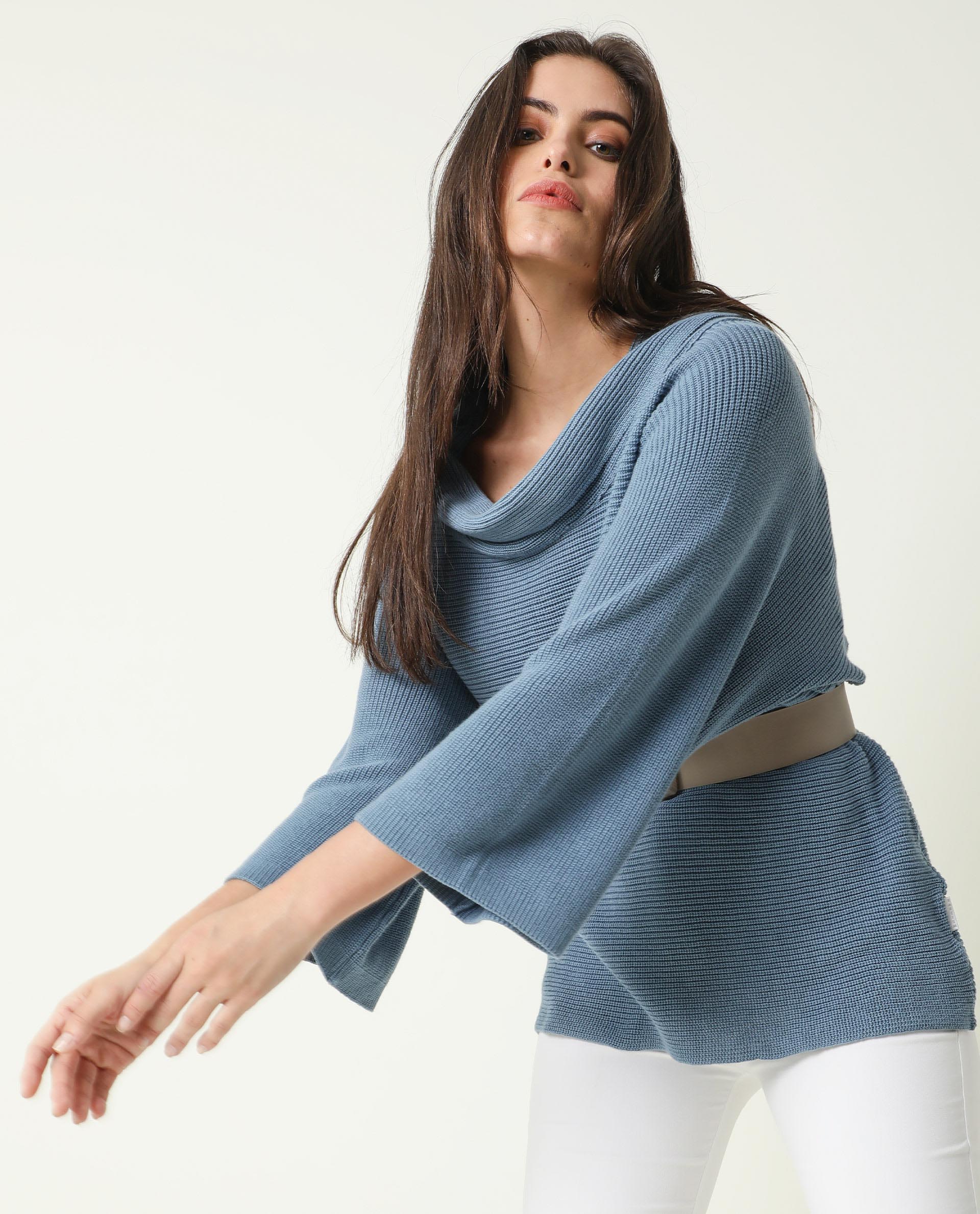 Rareism Women's Cleo Blue Cowl Neck Plain Relaxed Fit Sweater
