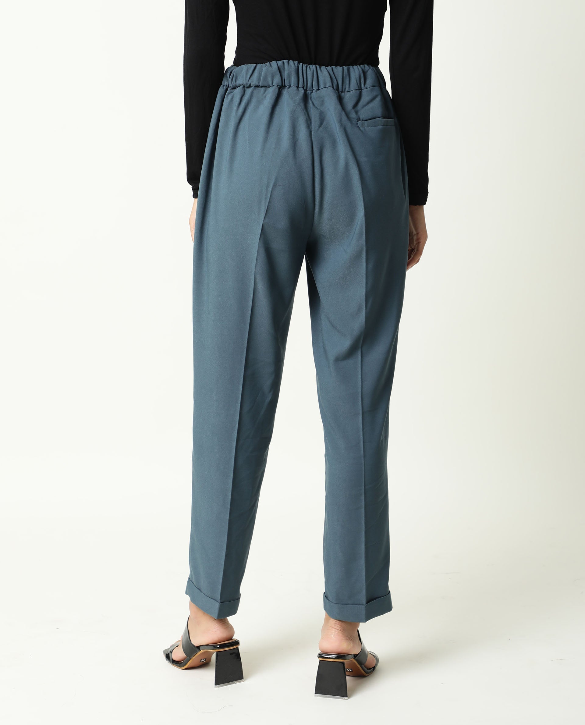 Rareism Women's Jeremiah Petrol Polyester Blend Plain Ankle Length Tailored Trouser