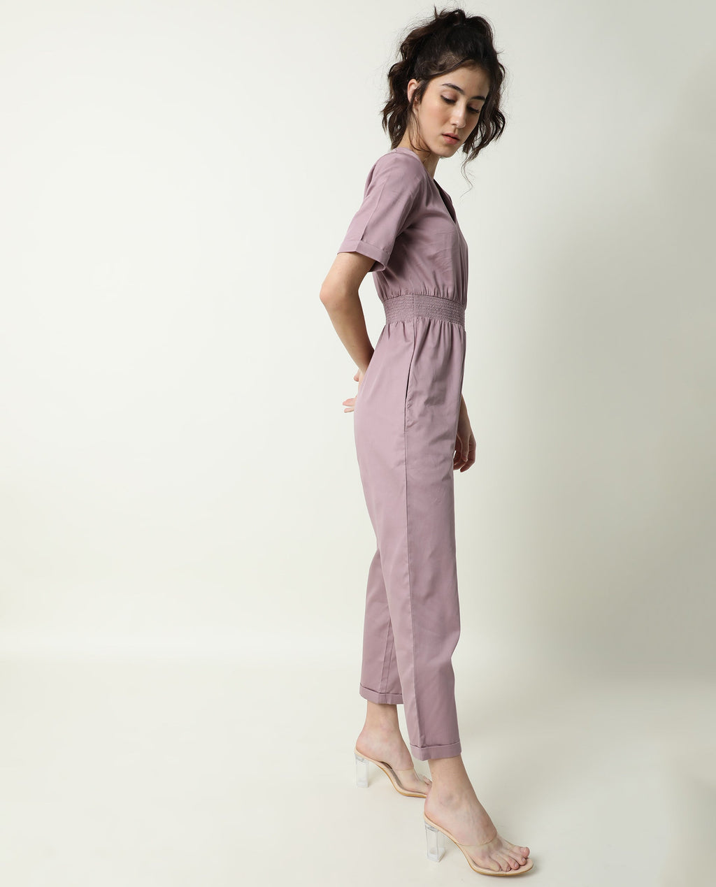 Rareism Women's Husky Pink Cotton Blend V-Neck Plain Ankle Length Regular Fit Jumpsuit