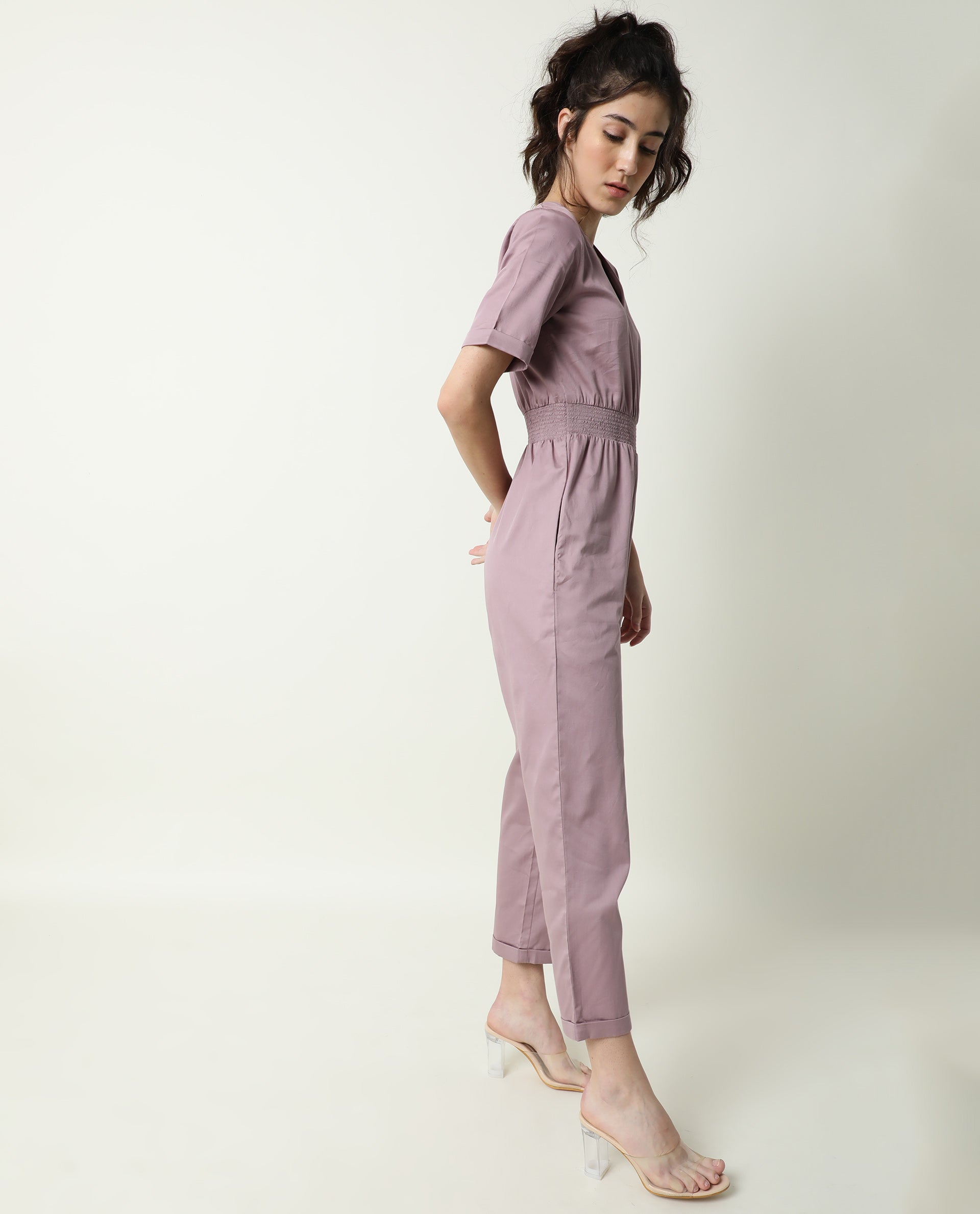 Rareism Women's Husky Pink Cotton Blend V-Neck Plain Ankle Length Regular Fit Jumpsuit