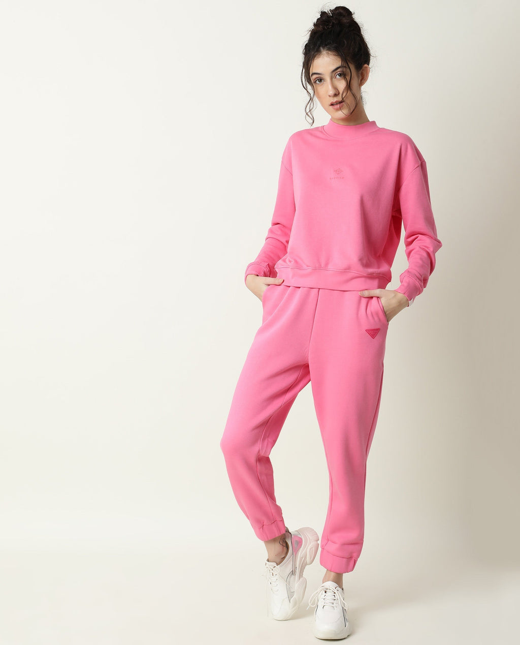 Rareism Women's Necker Pink High Neck Plain Relaxed Fit Sweatshirt