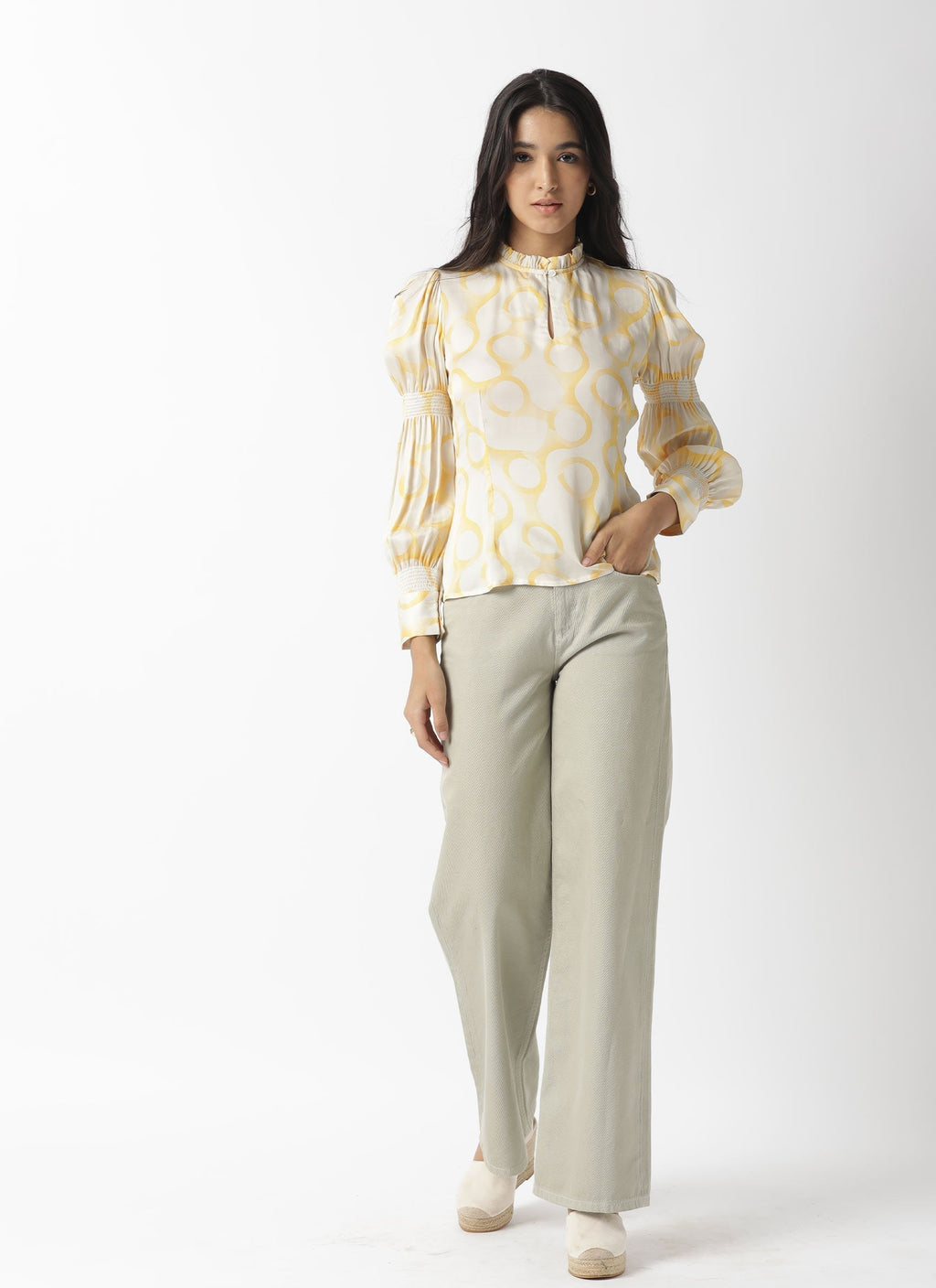 Rareism Women's Emm Offwhite Modal Blend Sweetheart Neck Printed Ruffled Sleeve Slim Fit Top