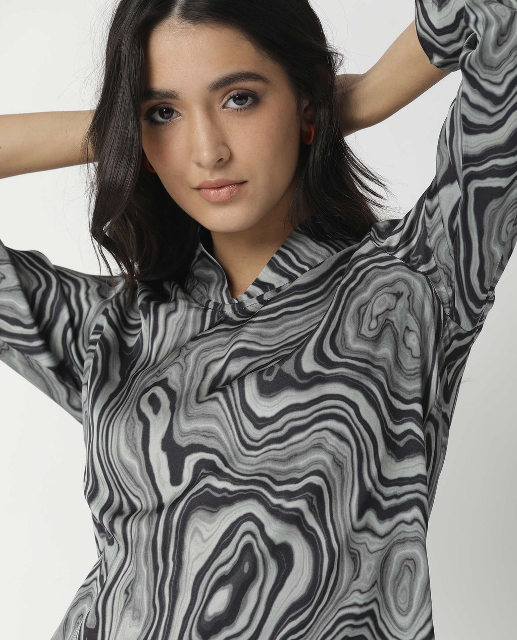 Rareism Womens Camp Black Top Modal Satin Fabric Regular Fit Cuffed Sleeve Mandarin Neck