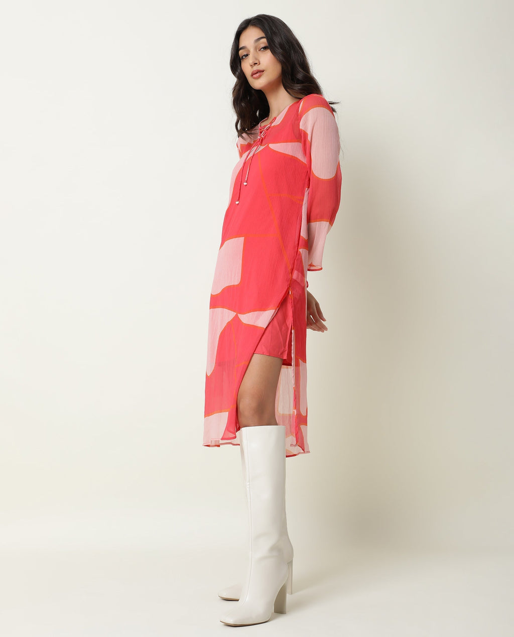 Rareism Women's Benett Pink V-Neck Abstract Print Knee Length Regular Fit Dress