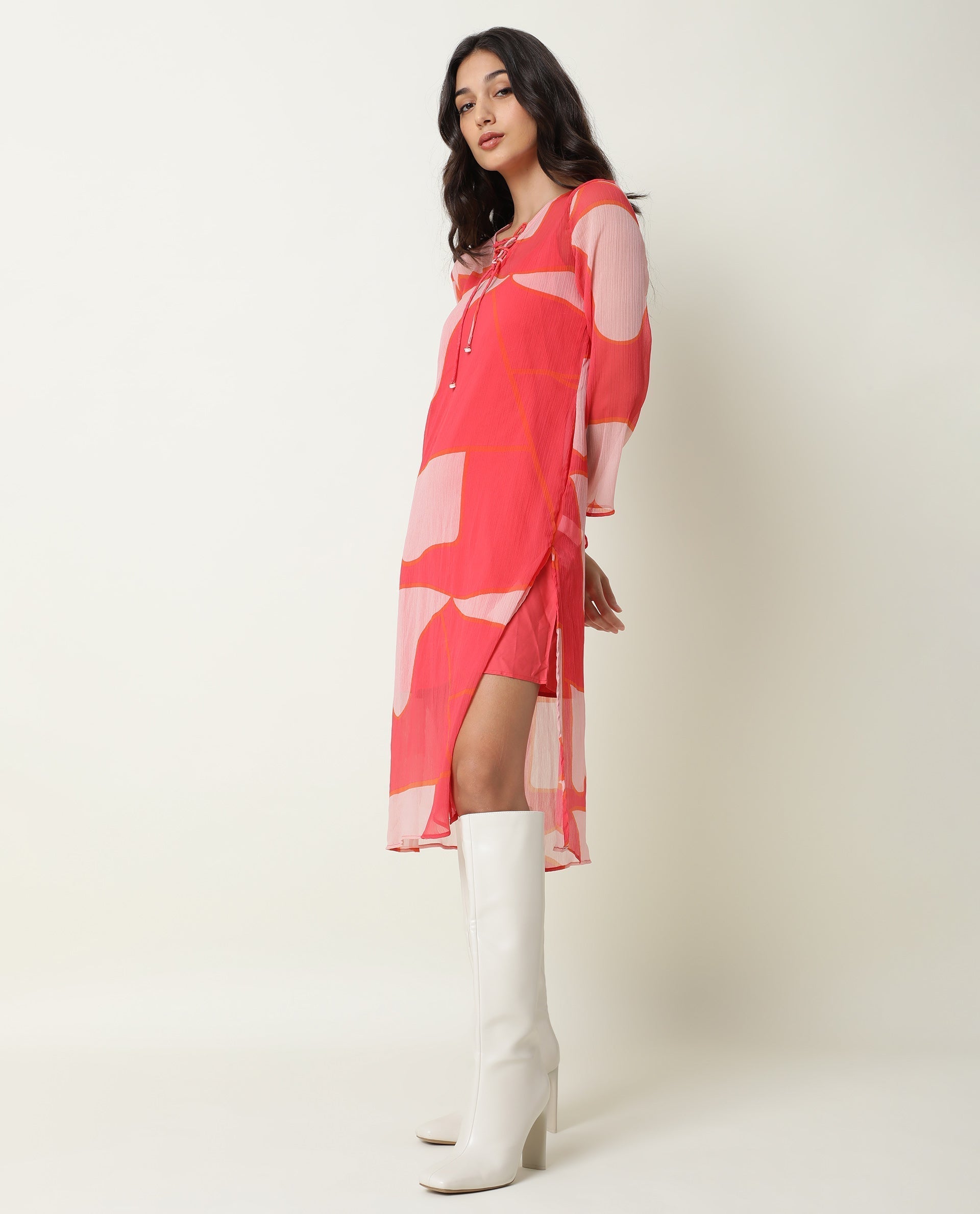 Rareism Women's Benett Pink V-Neck Abstract Print Knee Length Regular Fit Dress