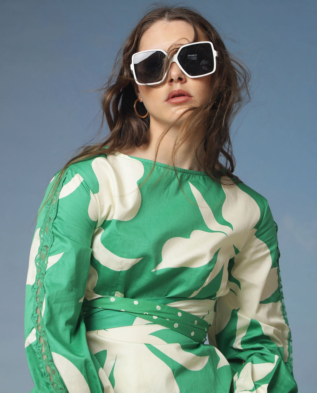 Rareism Women's Sloane Green Boat Neck Floral Print Knee Length Regular Fit Top