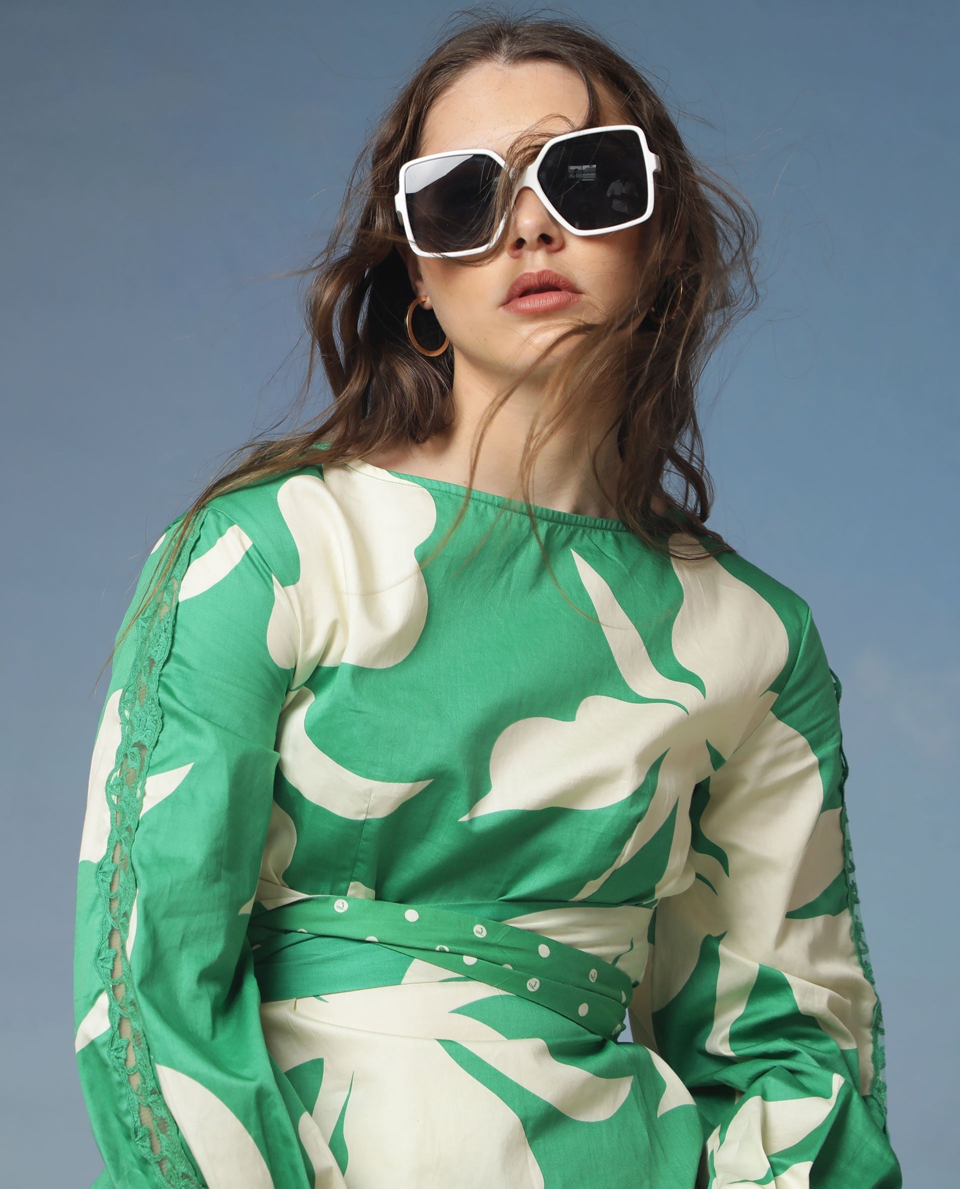 Rareism Women's Sloane Green Boat Neck Floral Print Knee Length Regular Fit Top