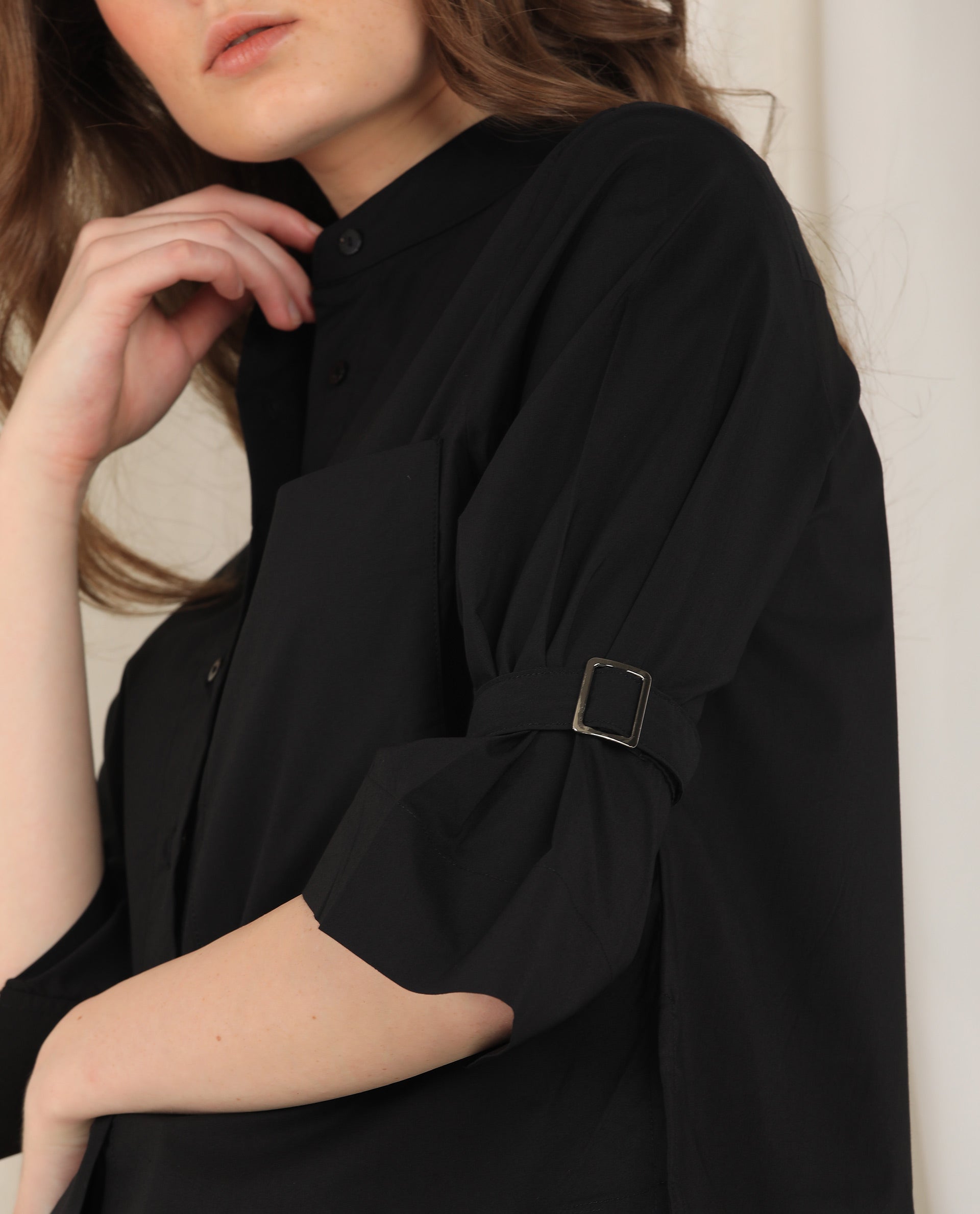 Rareism Women's Sendai Black Mandarin Collar Plain Knee Length Regular Fit Top