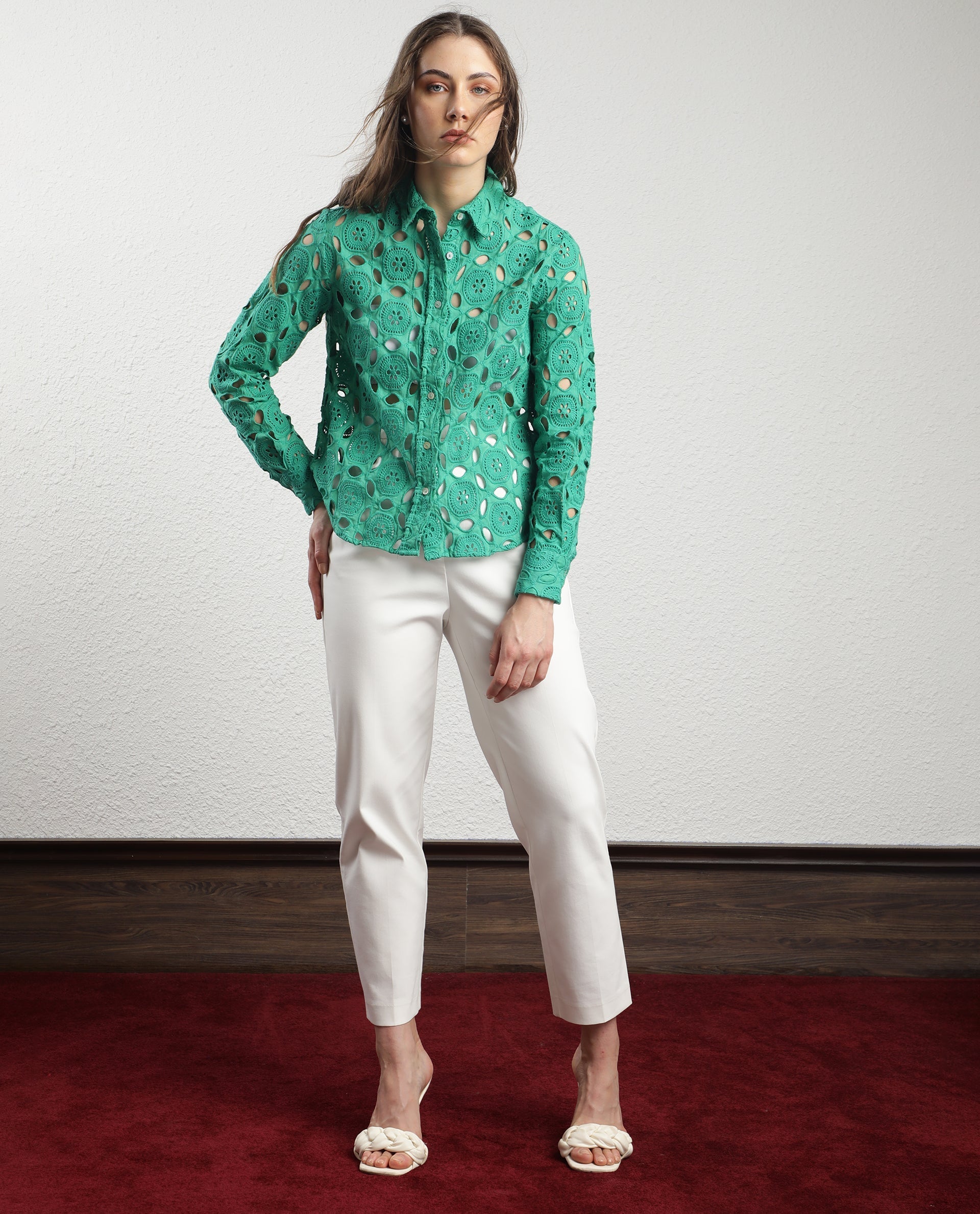 Rareism Women's Olivia Green Spread Collar Schiffli Knee Length Regular Fit Top