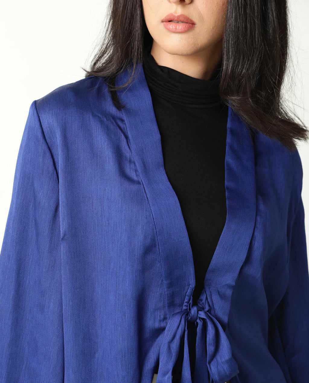 Rareism Women's Cuff Blue Polyester Shawl Neck Regular Fit Outer Wear