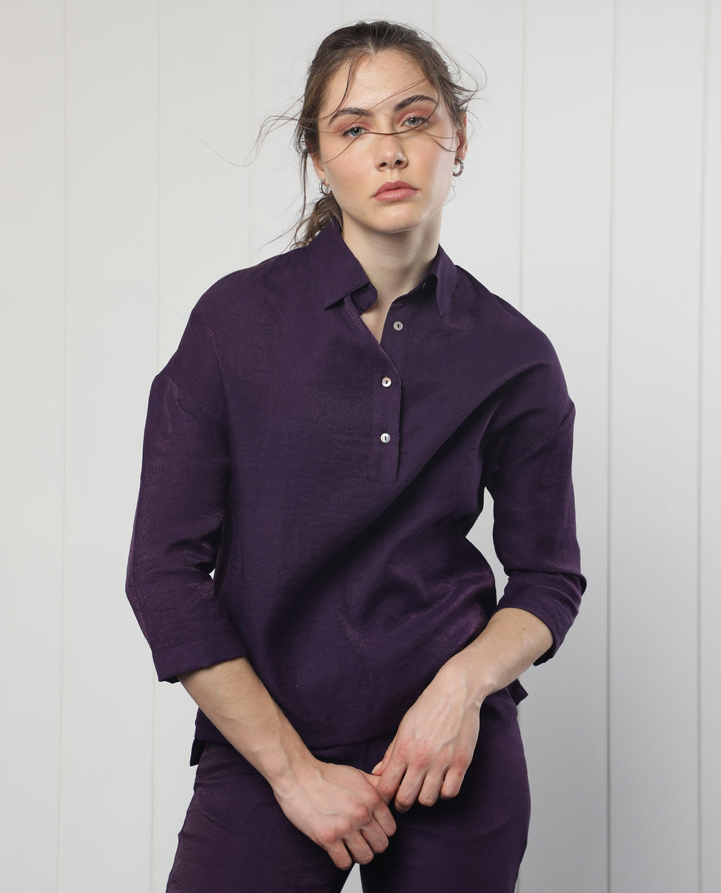Rareism Women's Velynn Purple Polyester Spread Collar Plain Regular Fit Top