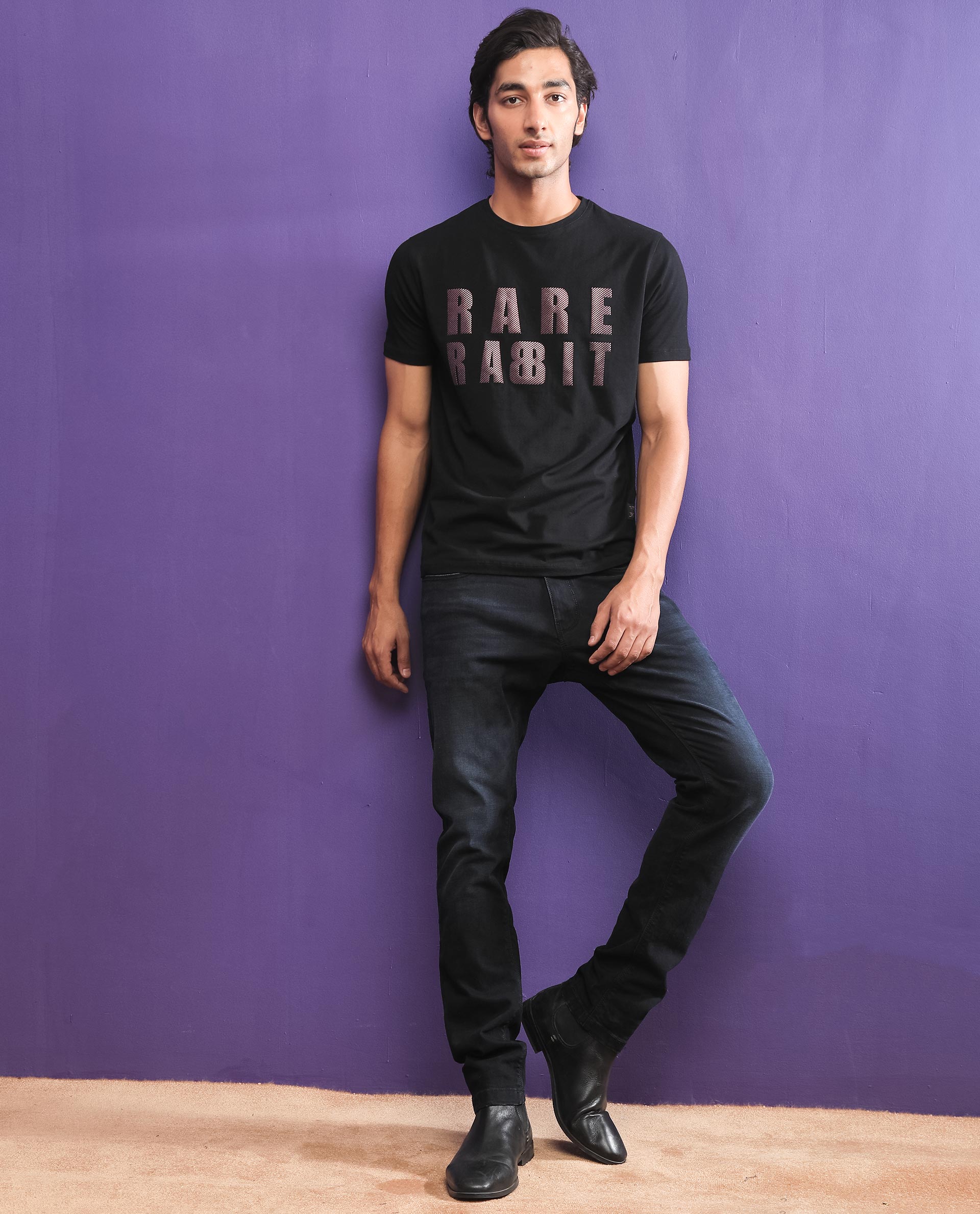 Rare Rabbit Men's Electricc Black Cotton Graphic Print Slim Fit Half Sleeve Crew Neck T-Shirt