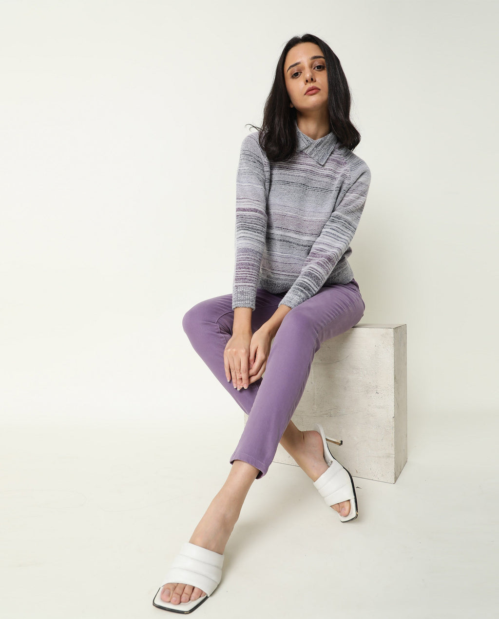 Rareism Women's Rosalva Grey Nylon High Neck Ombre Knee Length Regular Fit Sweater