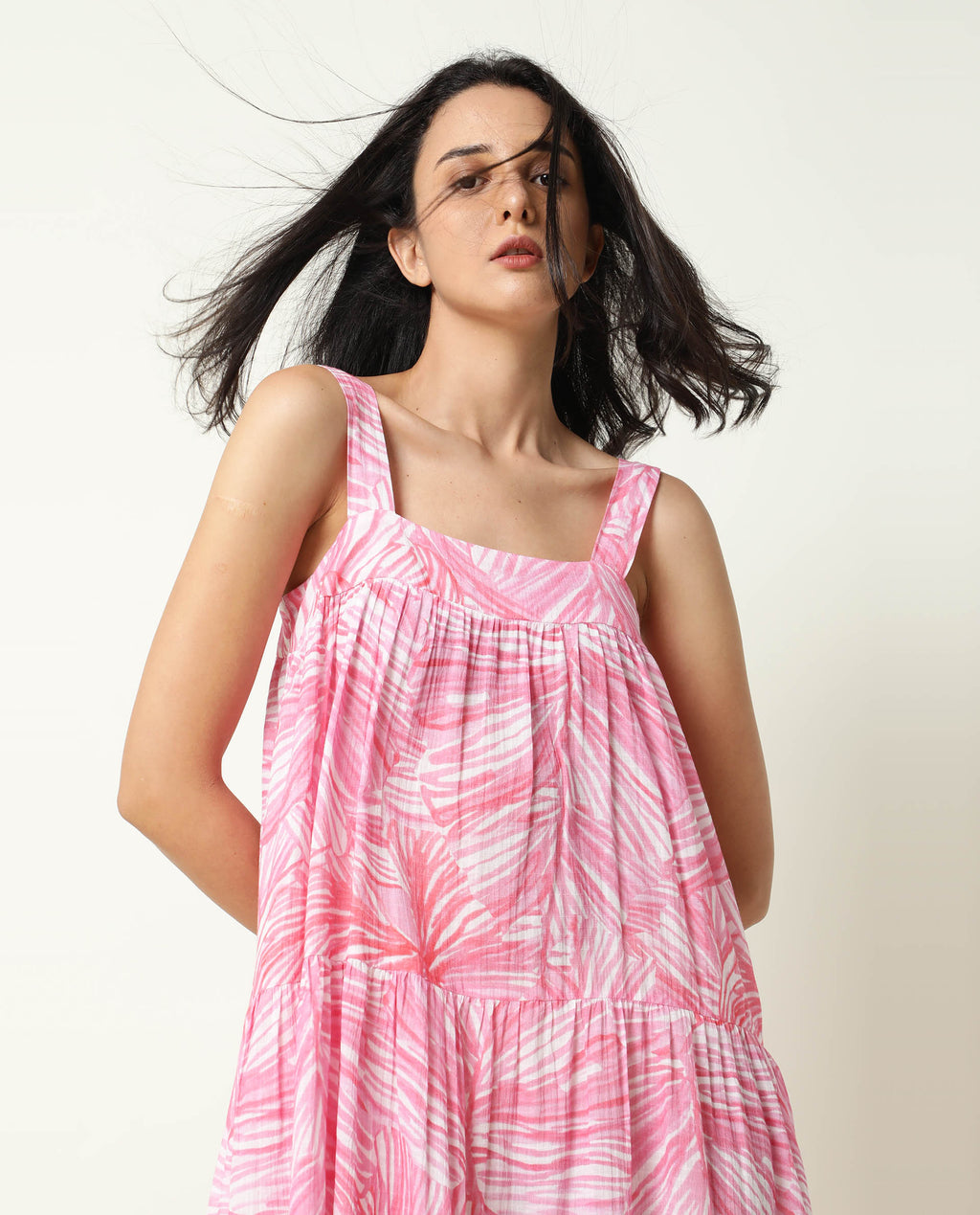 Rareism Women's Toddle Pink Polyester Blend Square Neck Floral Print Shoulder Strap Maxi Flared Dress