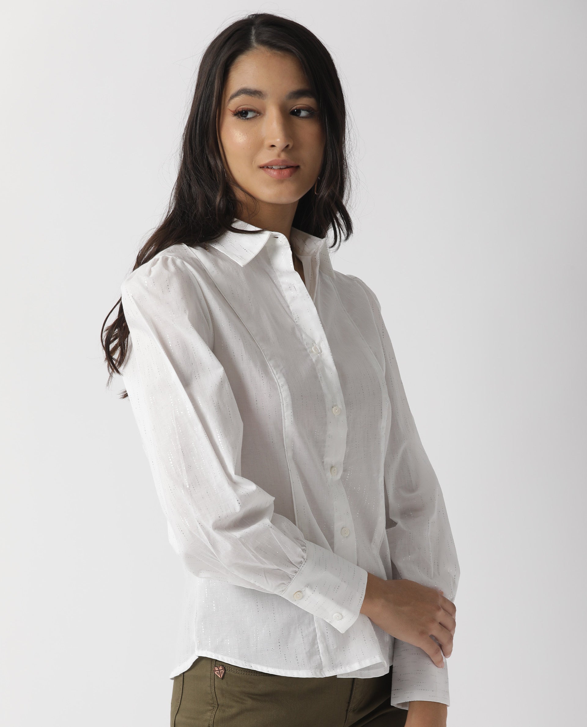 Rareism Women's Camelo White Cotton Spread Collar Plain Regular Fit Top