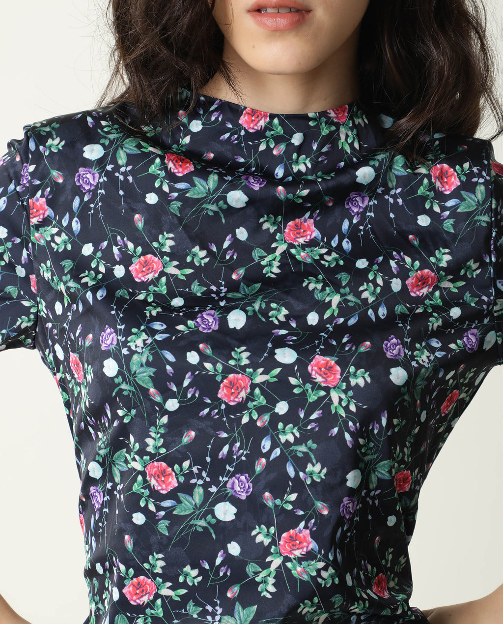 Rareism Women's John Navy Modal High Neck Floral Print Knee Length Regular Fit Dress