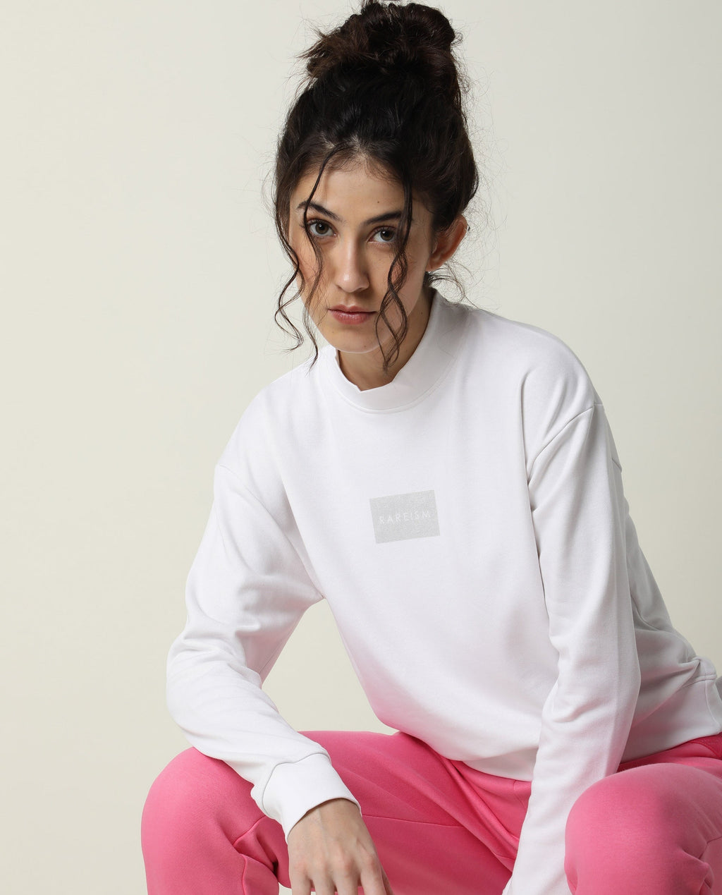 Rareism Women's Hectare White Cotton Blend High Neck Plain Relaxed Fit Sweatshirt