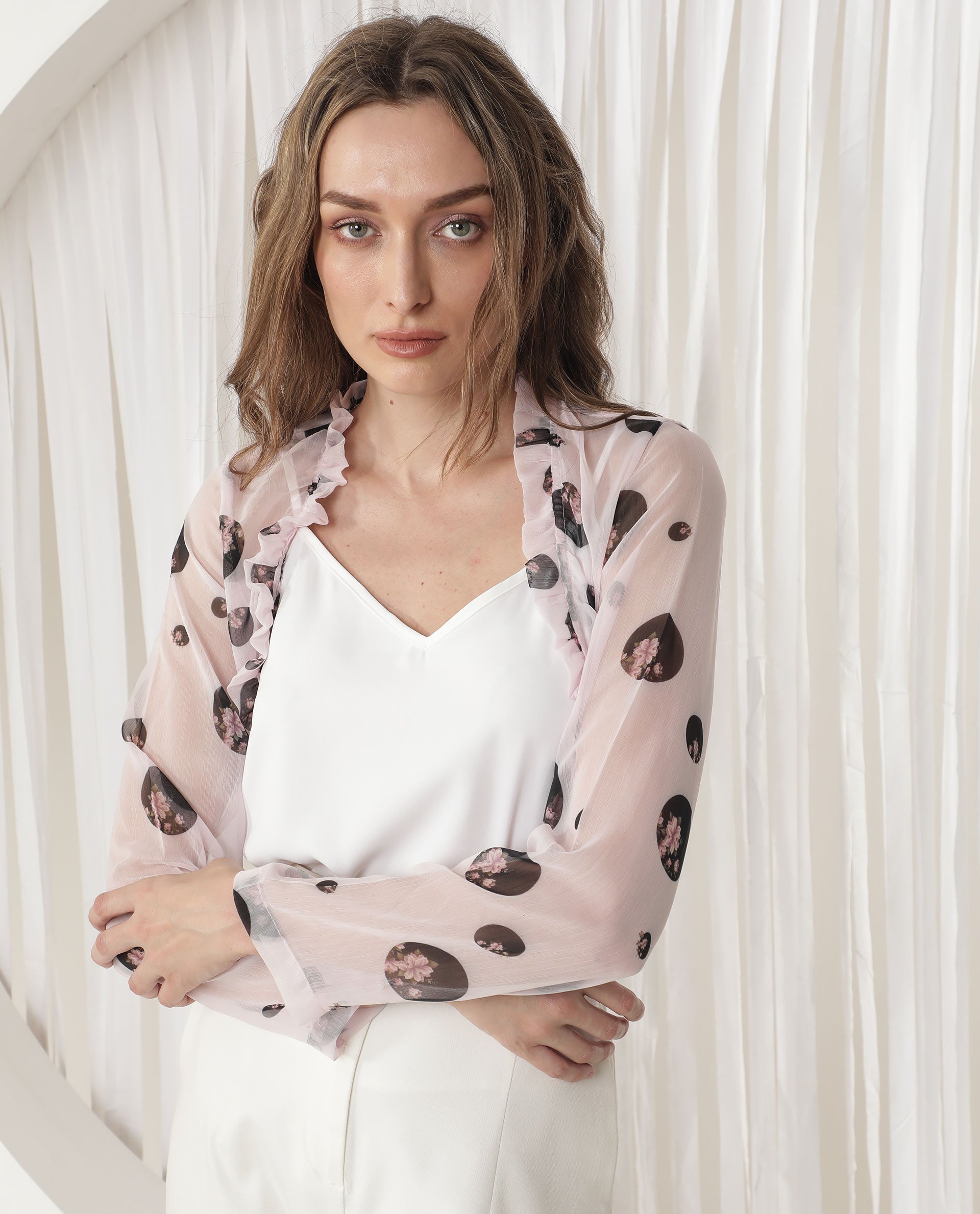 Rareism Women's Fern Pink Polyester Collarless Floral Print Regular Fit Shrug