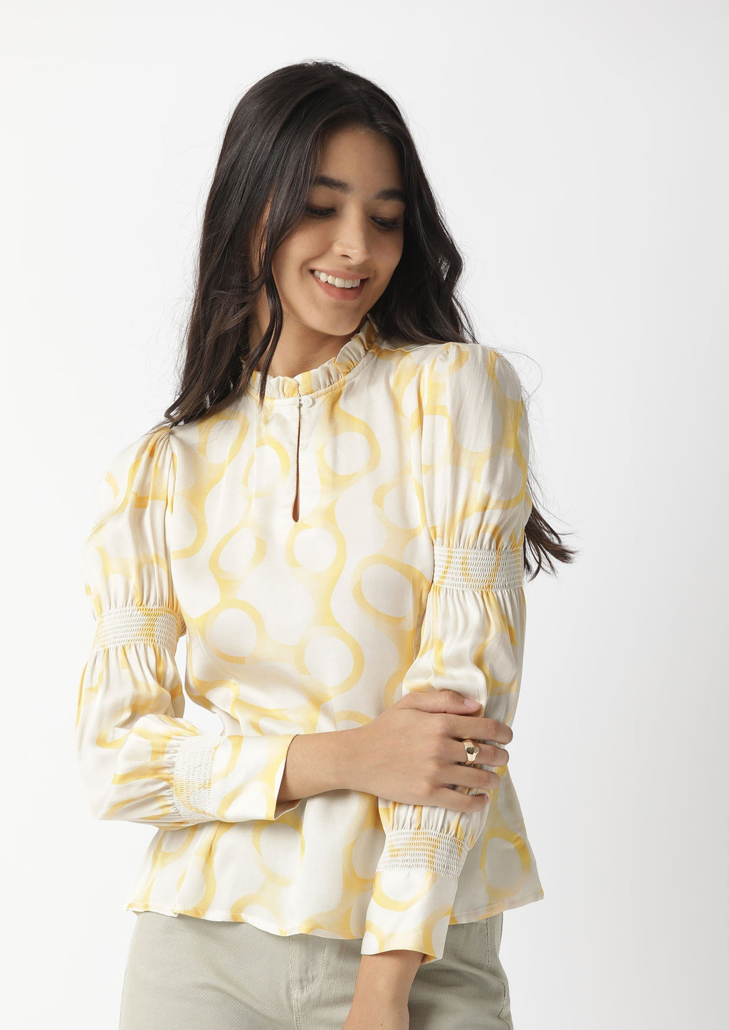 Rareism Women's Emm Offwhite Modal Blend Sweetheart Neck Printed Ruffled Sleeve Slim Fit Top