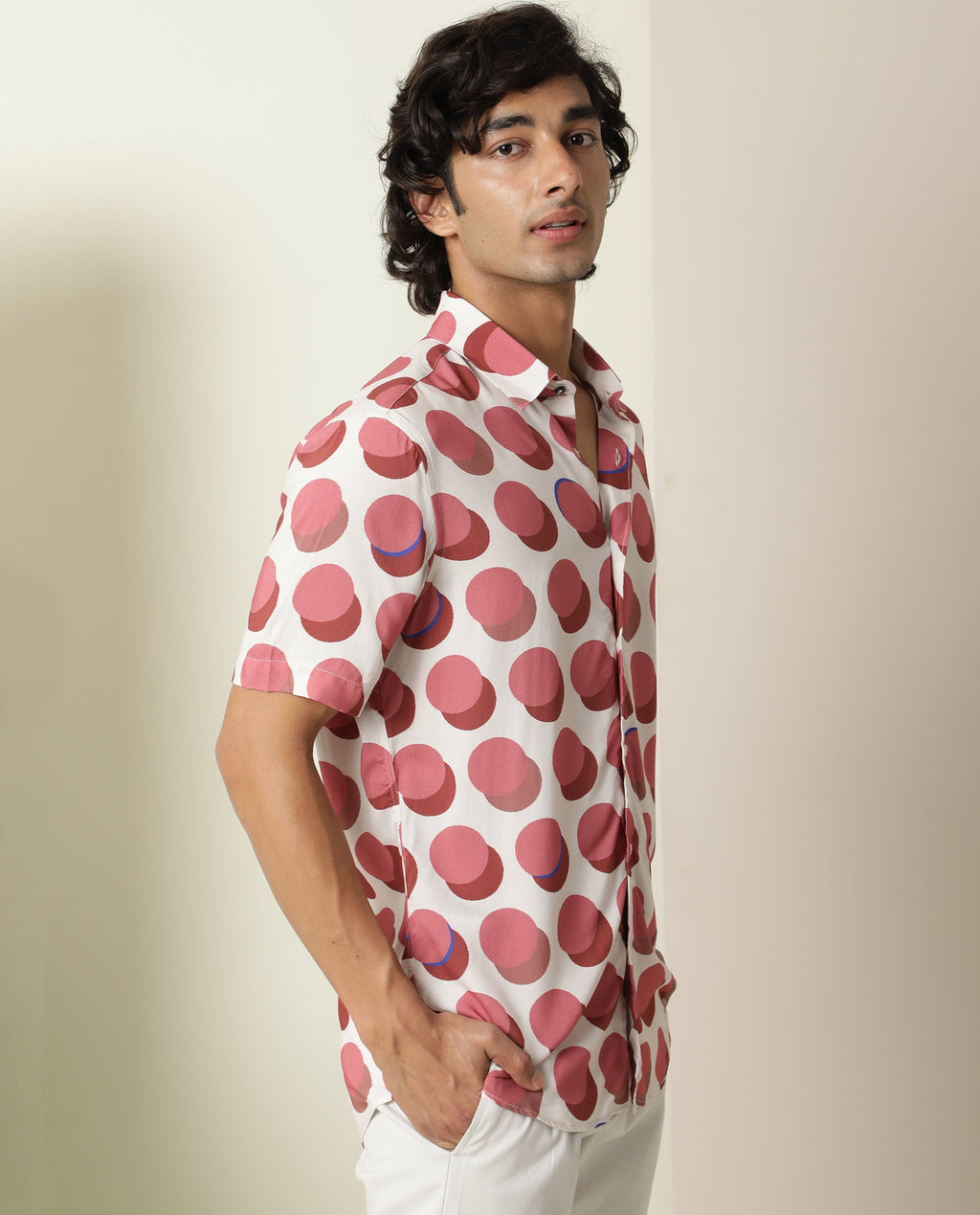 Rare Rabbit Men's Sandet Off White Viscose Polka Print Regular Fit Half Sleeve Collared Shirt