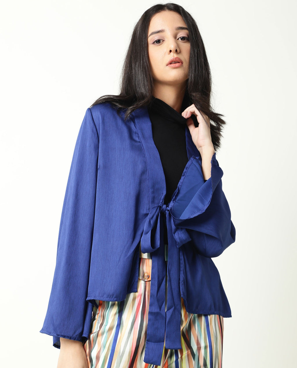Rareism Women's Cuff Blue Polyester Shawl Neck Regular Fit Outer Wear