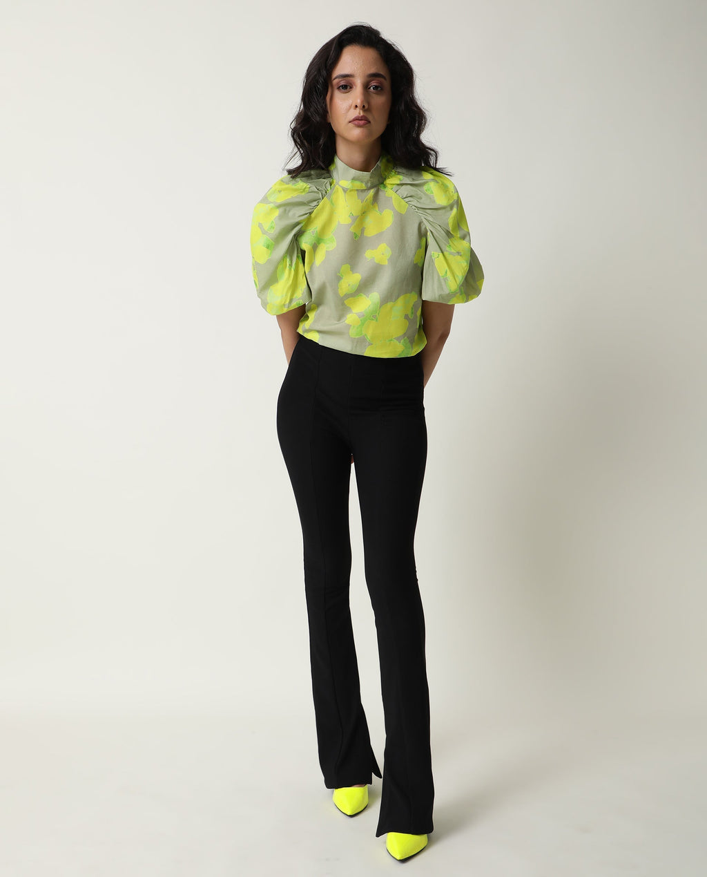 Rareism Women's Lagger Green Cotton High Neck Abstract Print Regular Fit Top