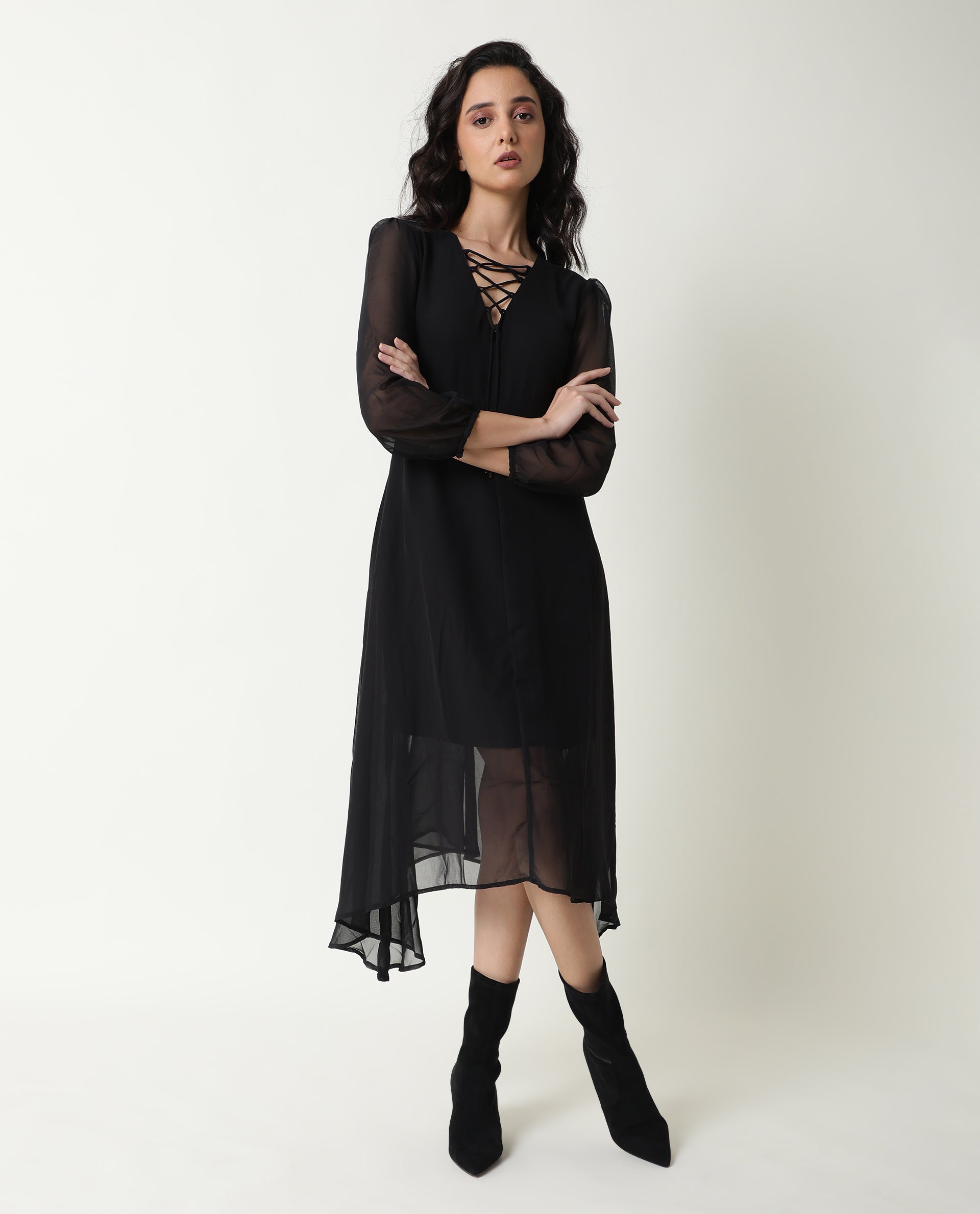 Rareism Women's Ommet Black V-Neck Plain Knee Length Regular Fit Dress