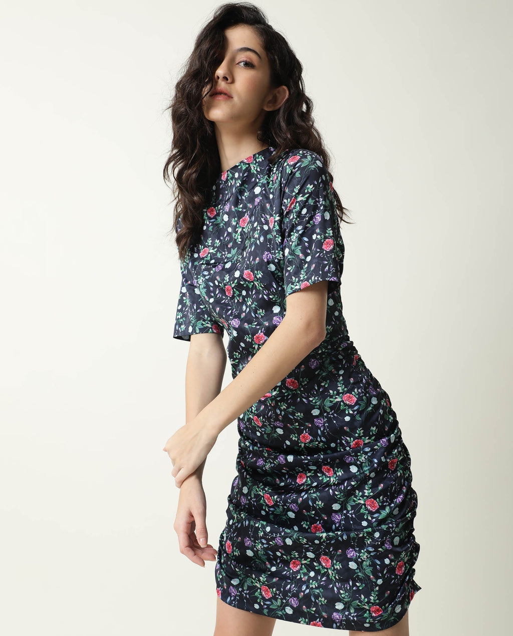 Rareism Women's John Navy Modal High Neck Floral Print Knee Length Regular Fit Dress