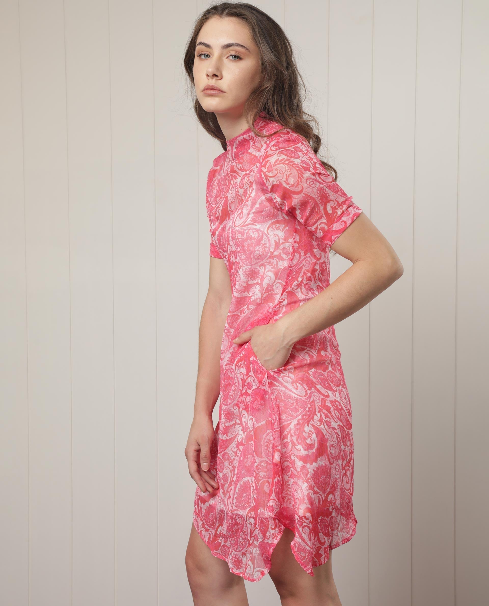 Rareism Women's Beryl Pink Polyester High Neck Paisley Print Knee Length Regular Fit Dress