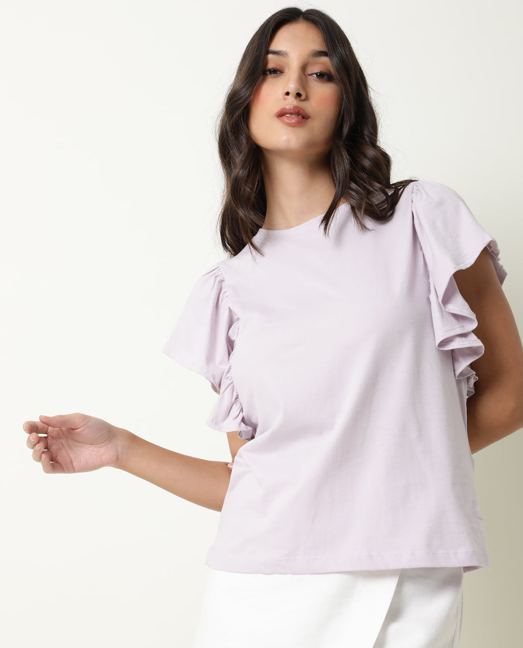Rareism Women's Yatch Purple Cotton Crew Neck Plain Ruffled Sleeve Regular Fit Top