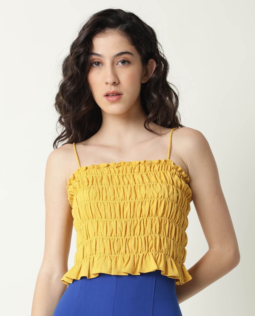 Rareism Women's Declan Yellow Tube Neck Plain Sleeveless Knee Length Tailored Top