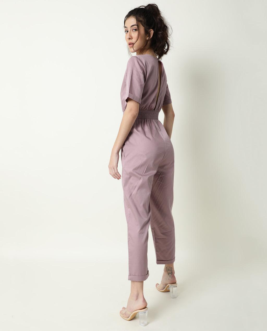 Rareism Women's Husky Pink Cotton Blend V-Neck Plain Ankle Length Regular Fit Jumpsuit