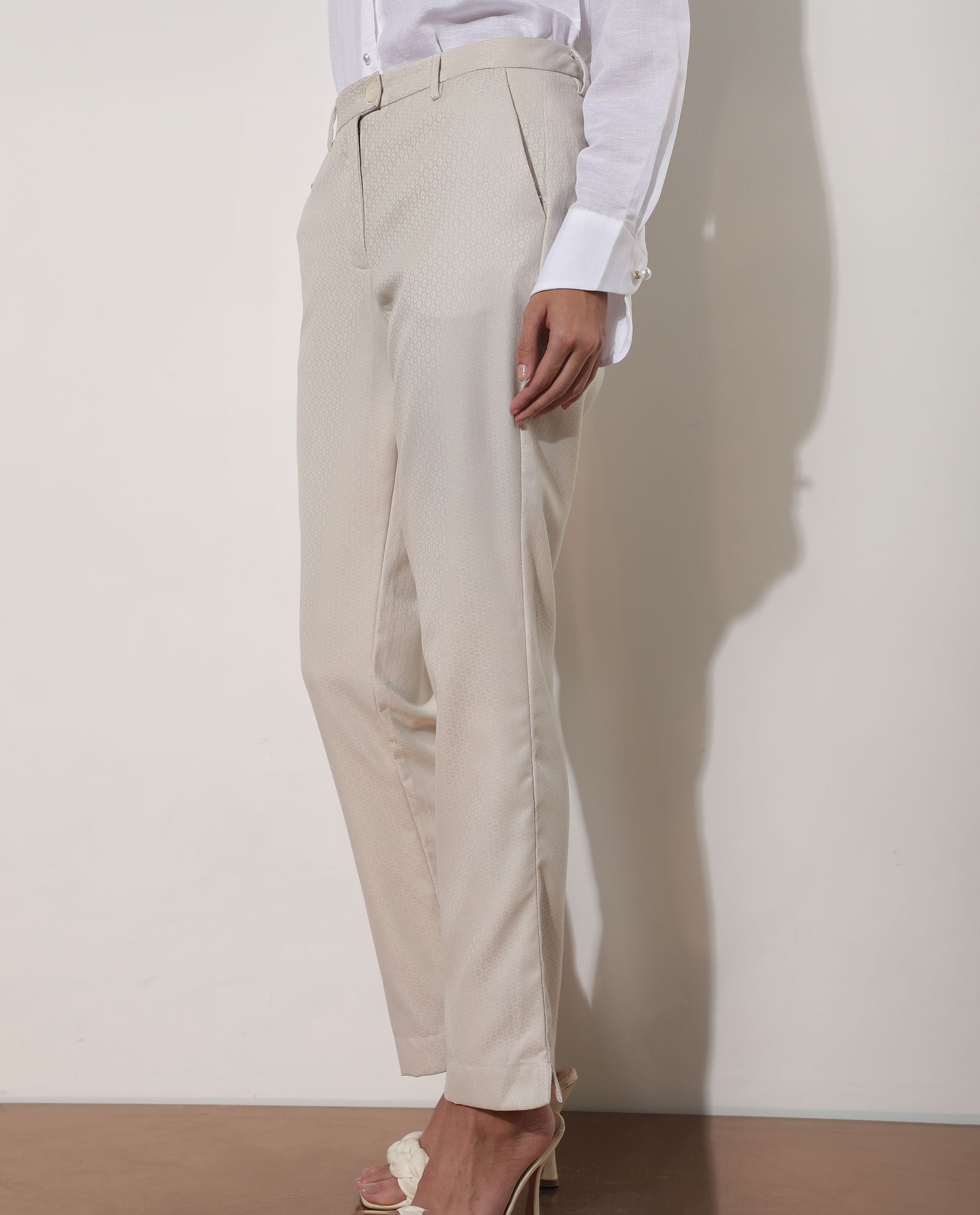 Rareism Women's Maeve Beige Polyester Blend Plain Ankle Length Tailored Trouser