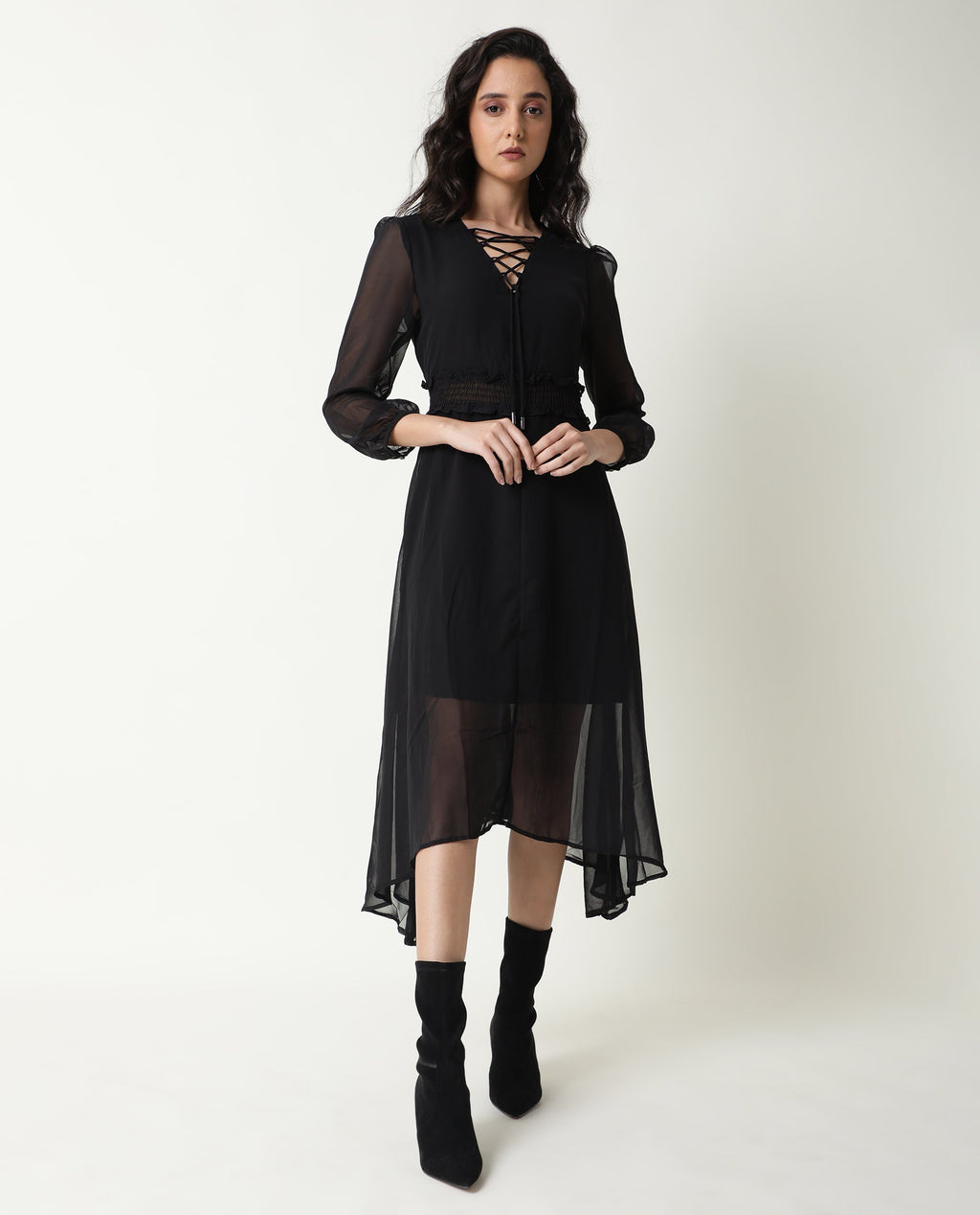 Rareism Women's Ommet Black V-Neck Plain Knee Length Regular Fit Dress