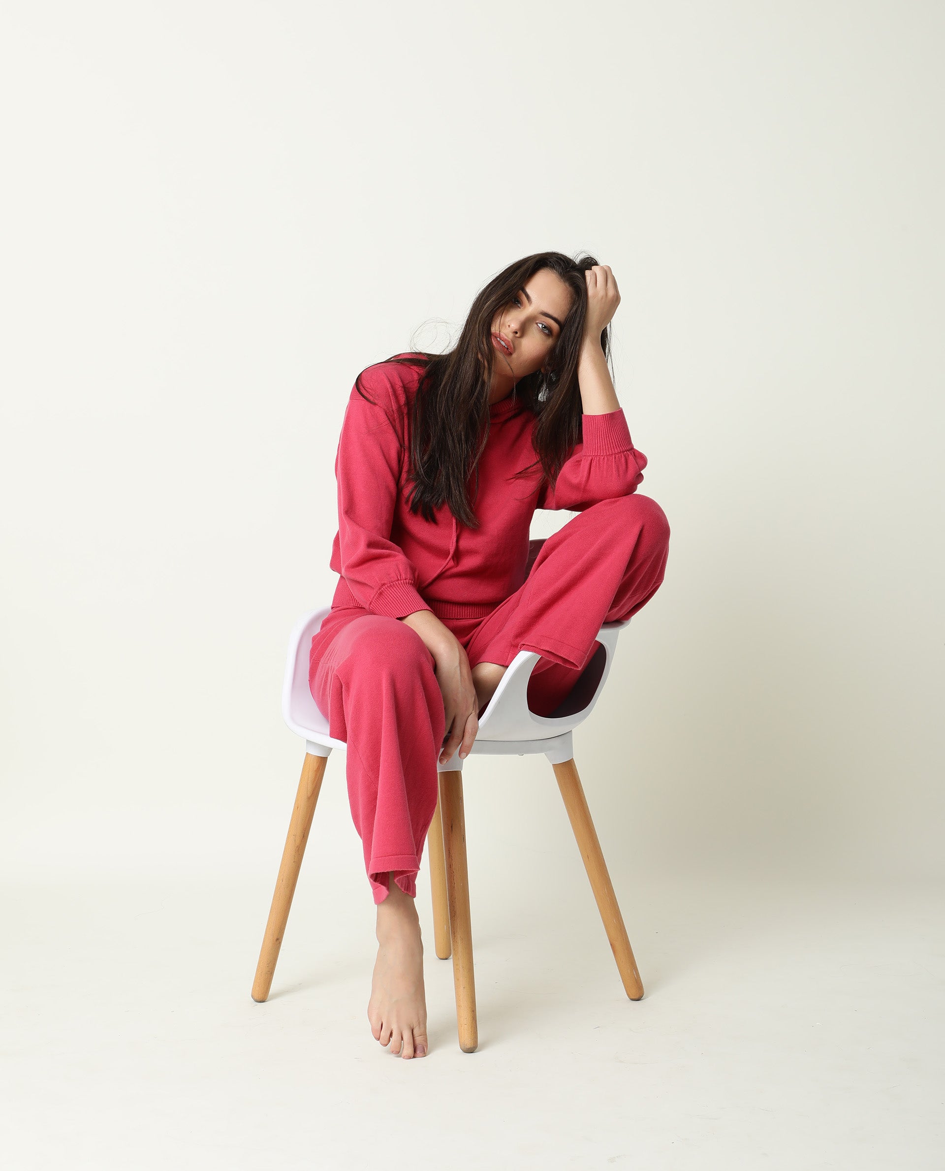 Rareism Women's Finn Light Pink Cotton Hooded Plain Knee Length Straight Fit Track Suit