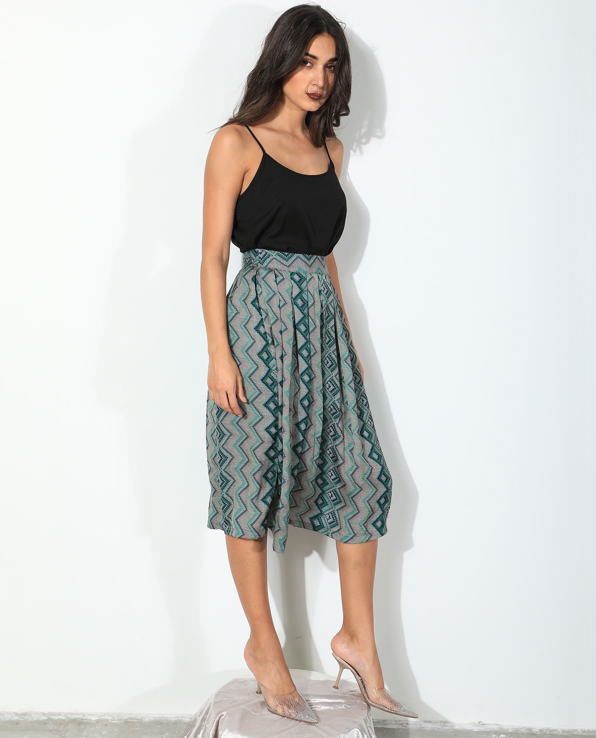 Rareism Women's Arabella Green Polyester Geometric Print Knee Length Regular Fit Skirt